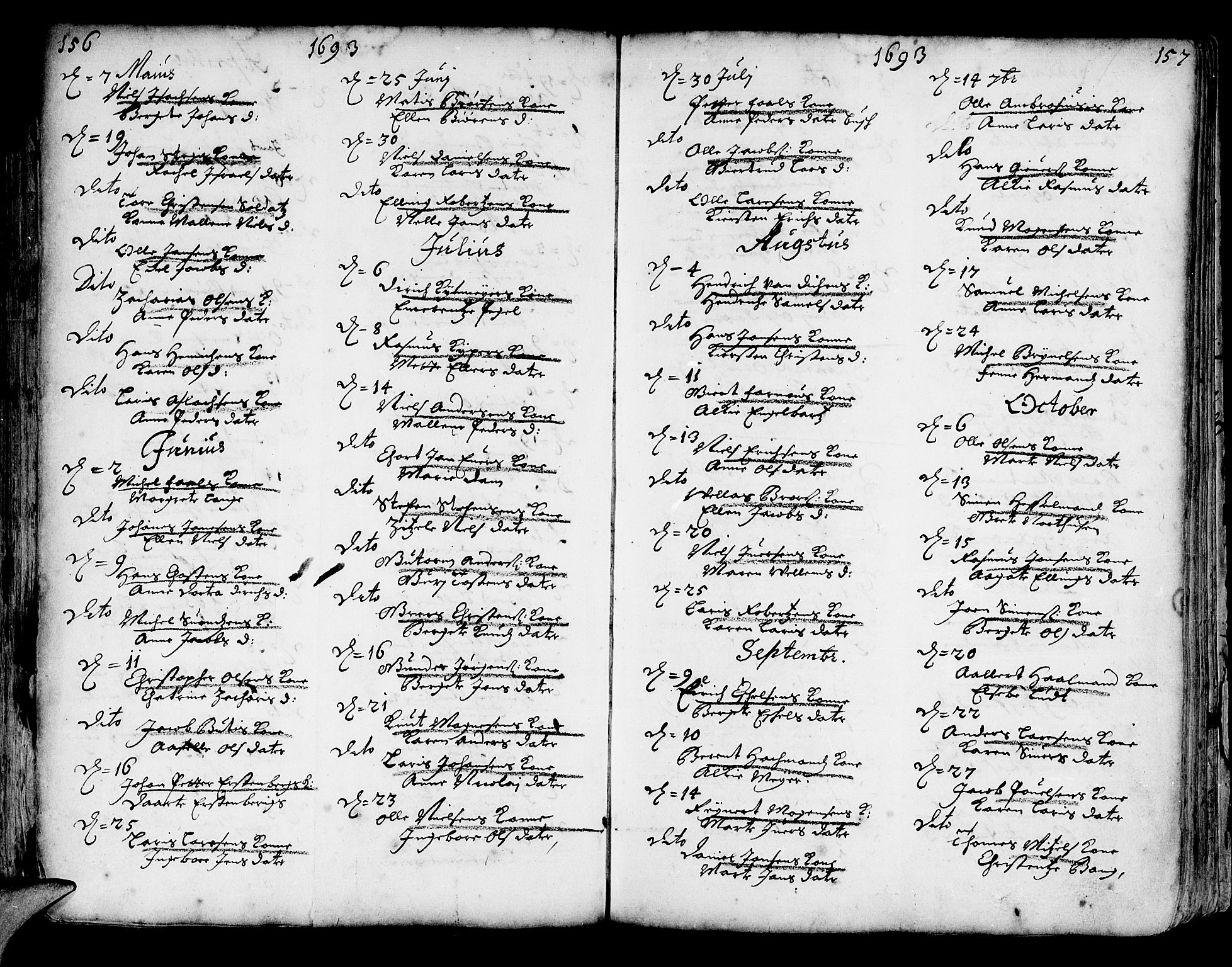 Korskirken sokneprestembete, AV/SAB-A-76101/H/Haa/L0002: Parish register (official) no. A 2, 1688-1697, p. 156-157