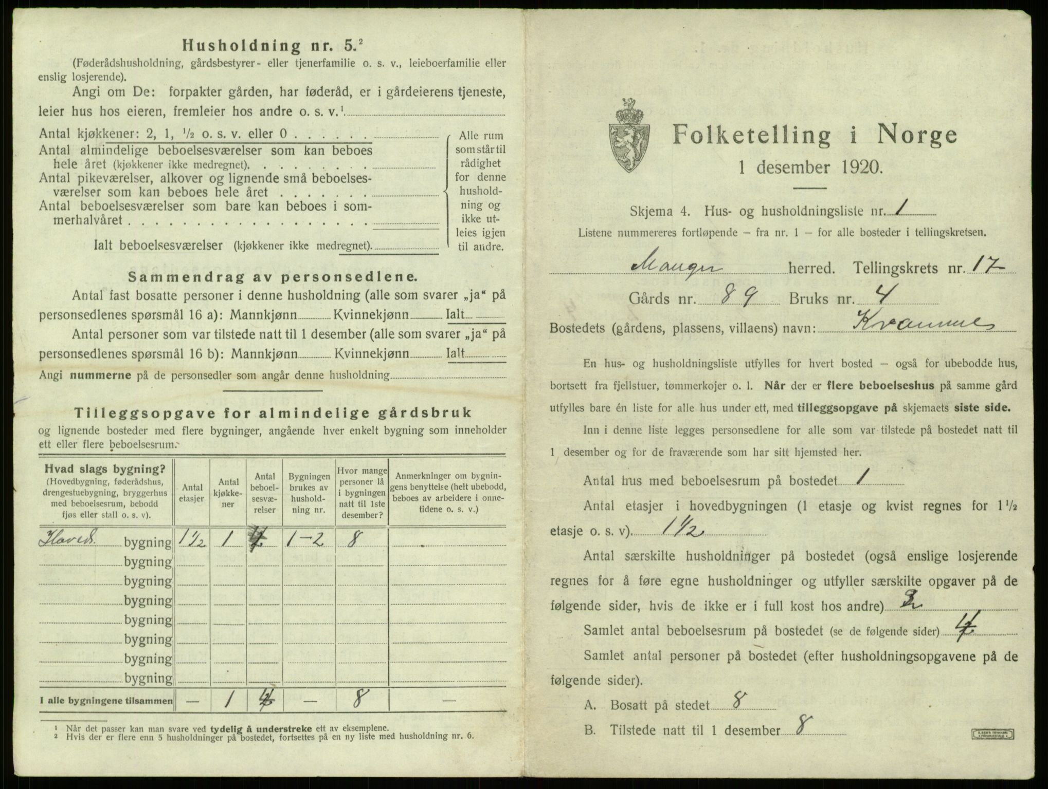 SAB, 1920 census for Manger, 1920, p. 1280
