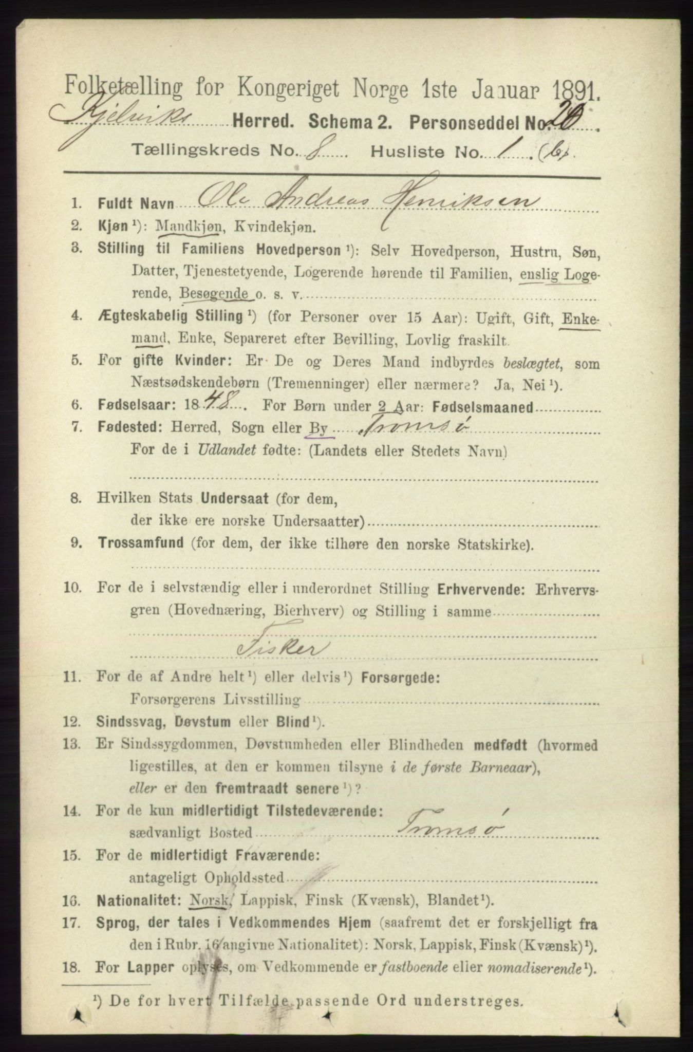 RA, 1891 census for 2019 Kjelvik, 1891, p. 1194