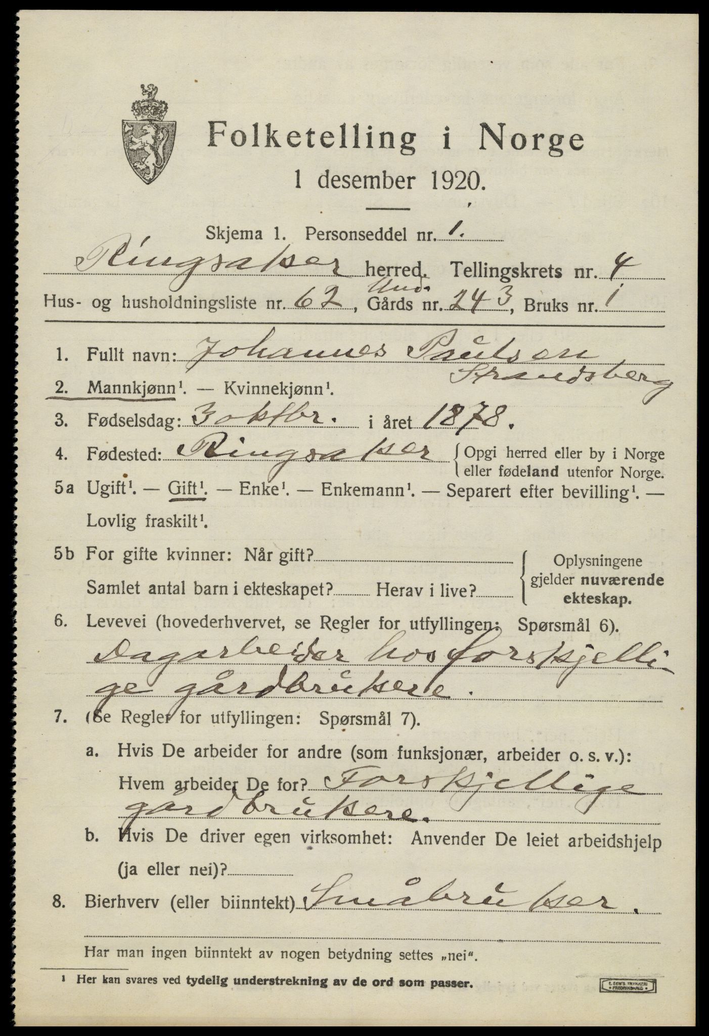 SAH, 1920 census for Ringsaker, 1920, p. 9352