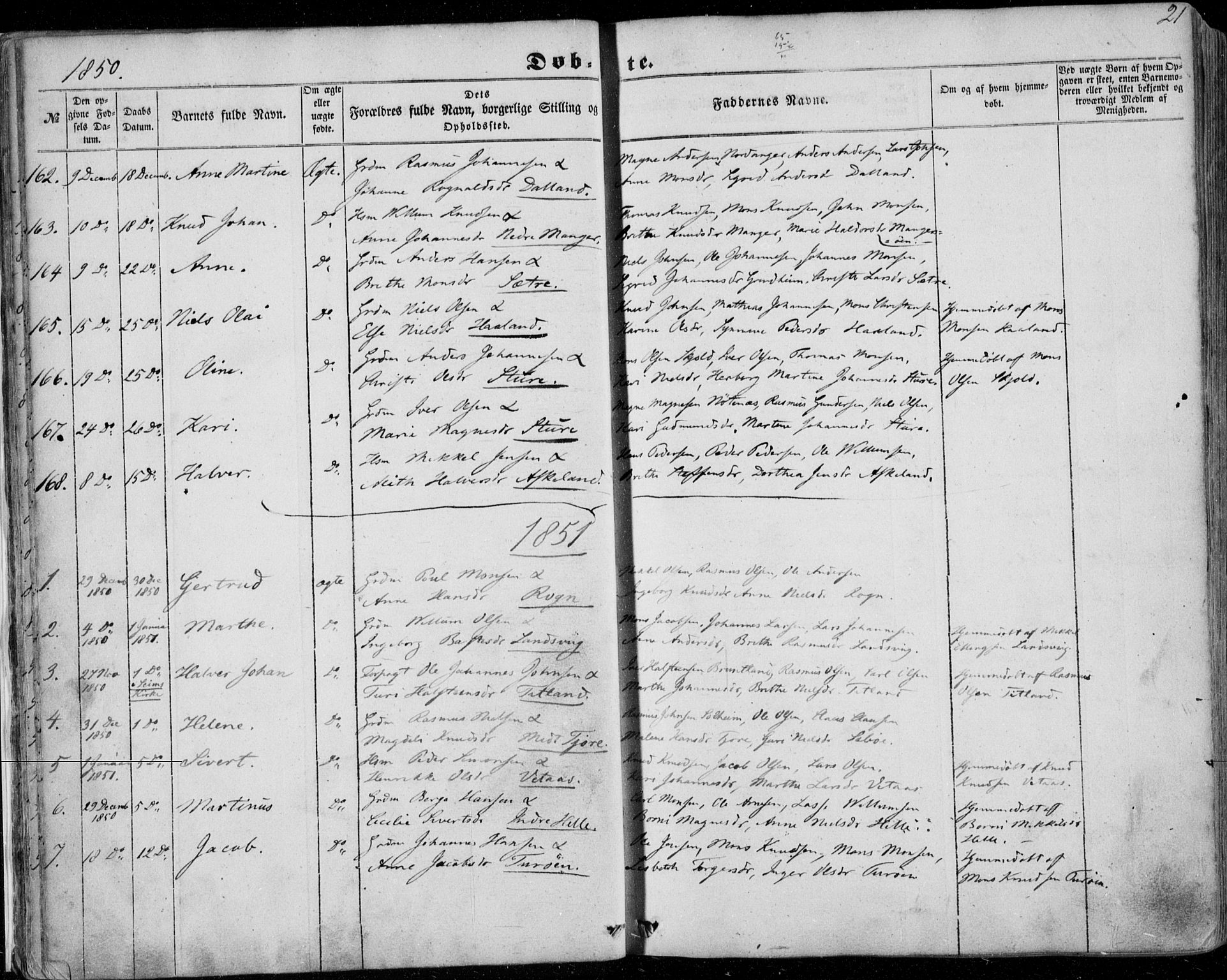 Manger sokneprestembete, SAB/A-76801/H/Haa: Parish register (official) no. A 6, 1849-1859, p. 21
