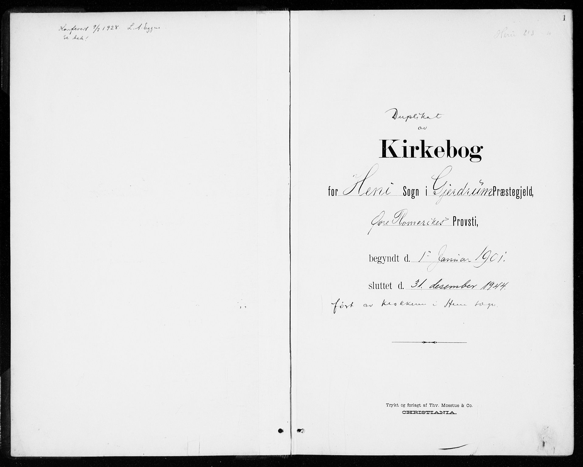Gjerdrum prestekontor Kirkebøker, SAO/A-10412b/G/Gb/L0001: Parish register (copy) no. II 1, 1901-1944, p. 1