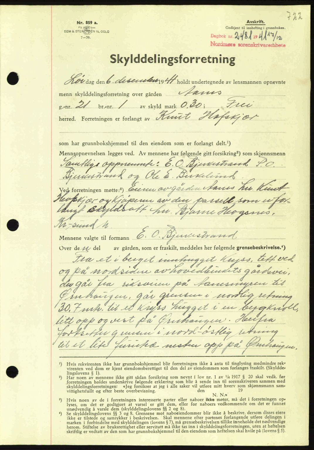 Nordmøre sorenskriveri, AV/SAT-A-4132/1/2/2Ca: Mortgage book no. A91, 1941-1942, Diary no: : 2481/1941