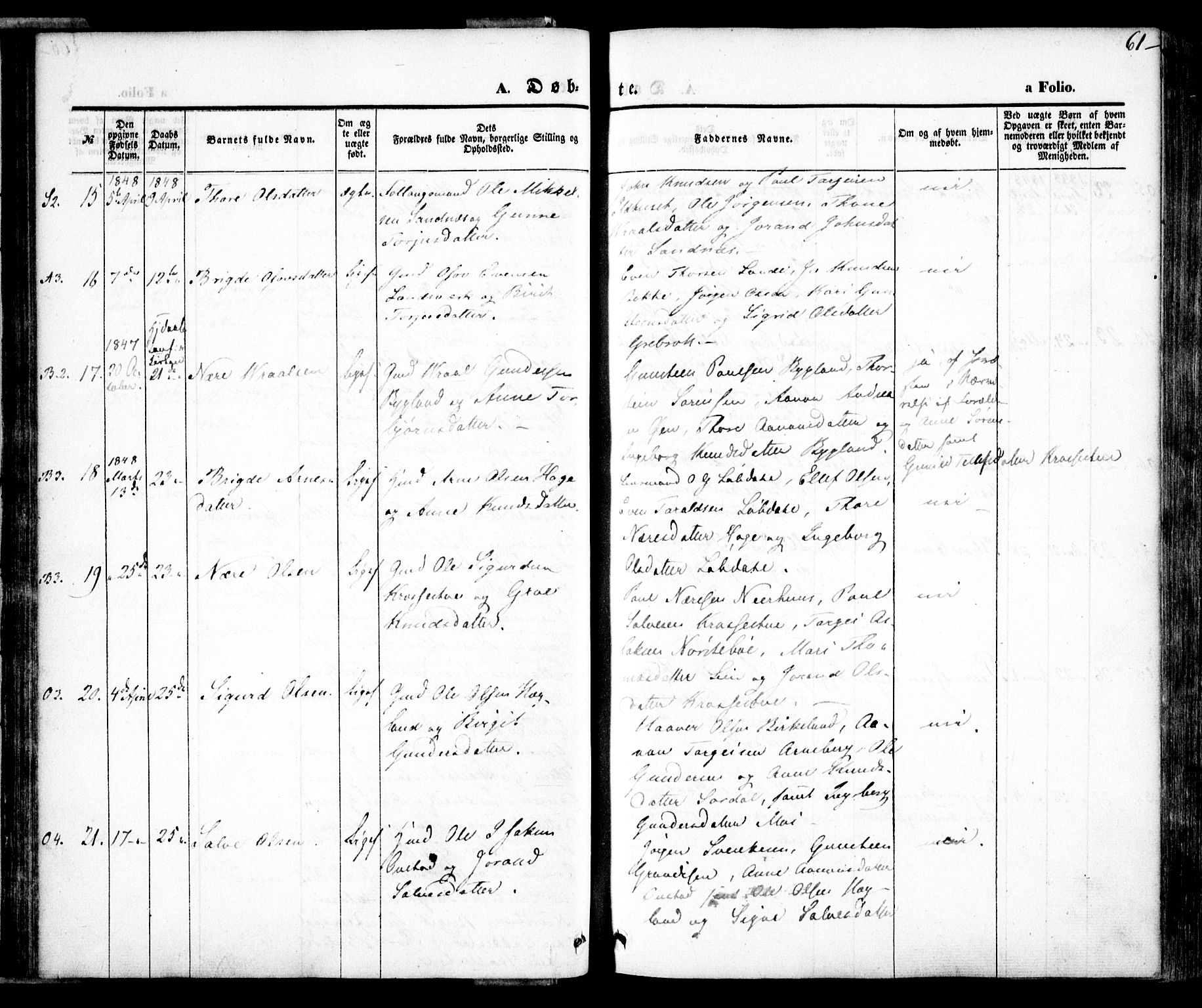 Bygland sokneprestkontor, SAK/1111-0006/F/Fa/Fab/L0004: Parish register (official) no. A 4, 1842-1858, p. 61