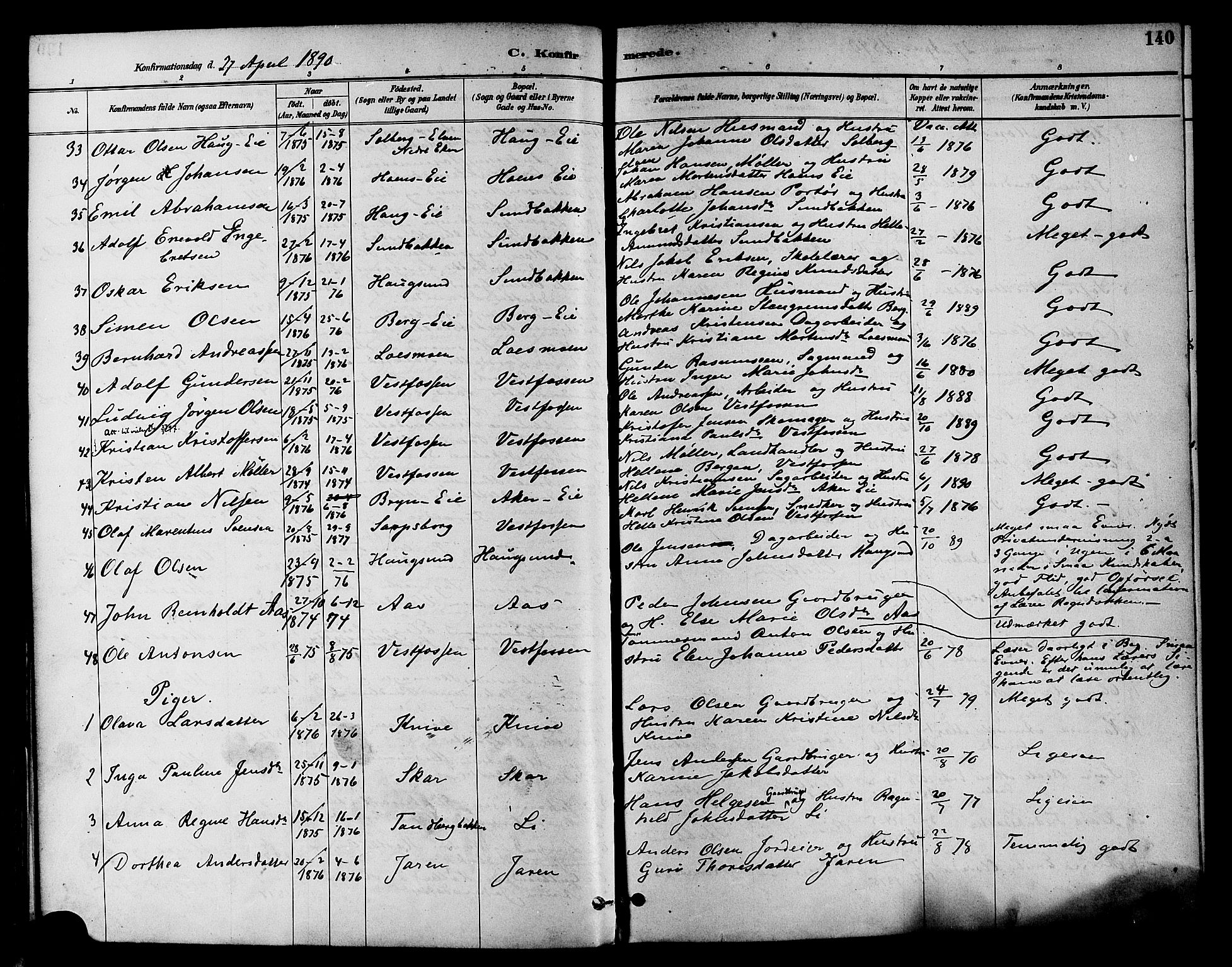 Eiker kirkebøker, AV/SAKO-A-4/F/Fb/L0002: Parish register (official) no. II 2, 1889-1896, p. 140