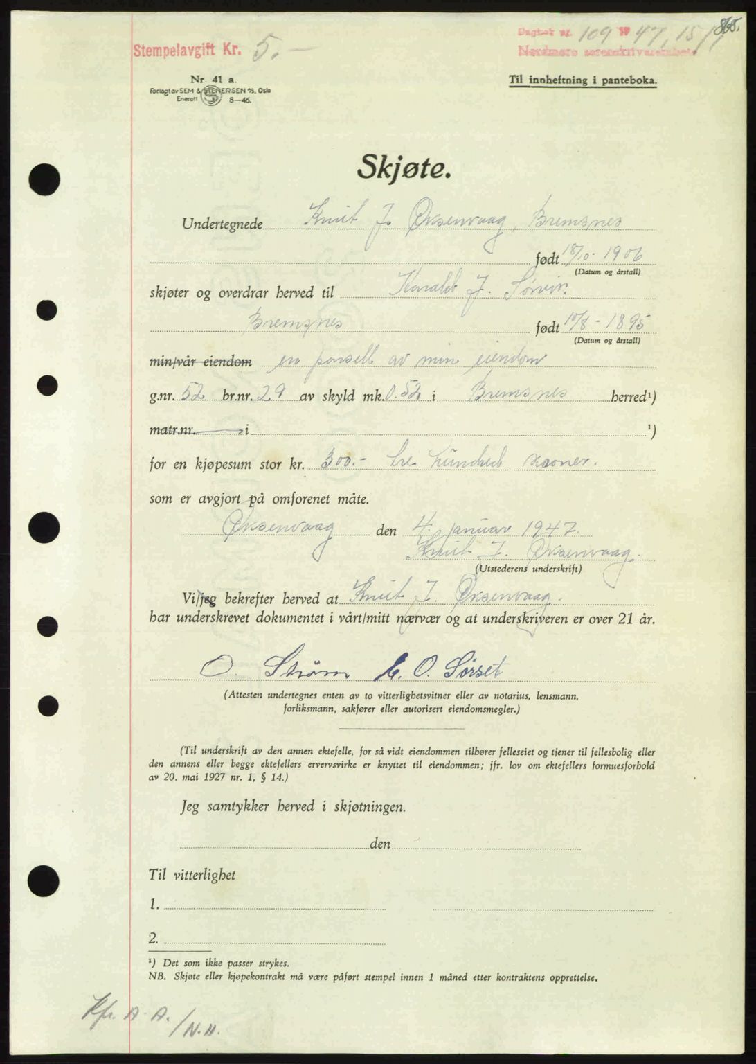 Nordmøre sorenskriveri, AV/SAT-A-4132/1/2/2Ca: Mortgage book no. A103, 1946-1947, Diary no: : 109/1947