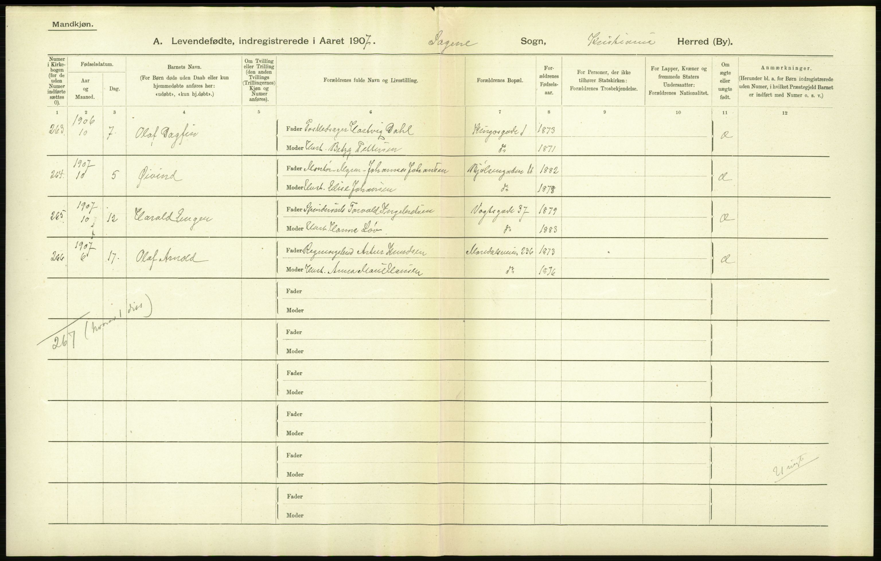 Statistisk sentralbyrå, Sosiodemografiske emner, Befolkning, AV/RA-S-2228/D/Df/Dfa/Dfae/L0006: Kristiania: Levendefødte menn og kvinner., 1907, p. 678