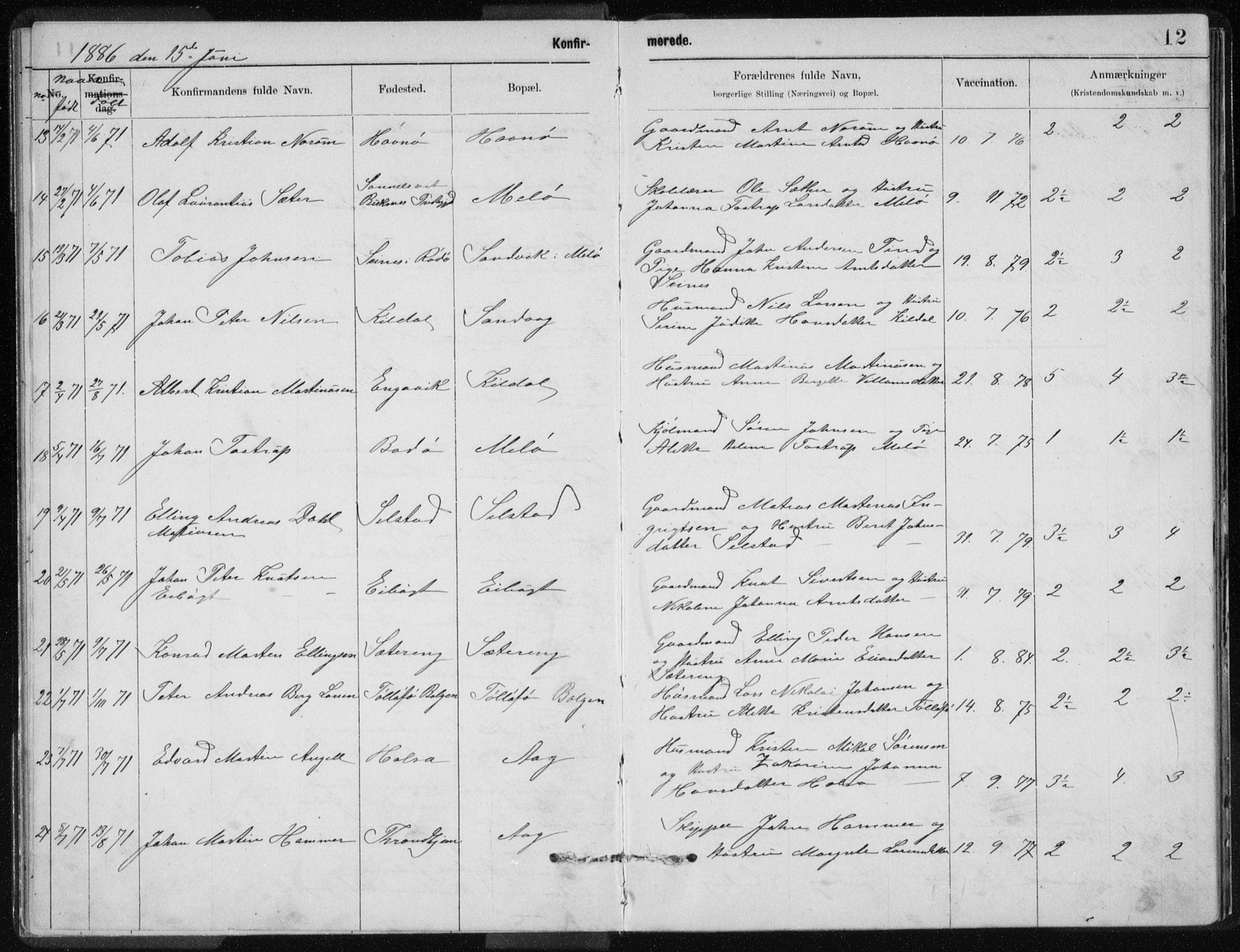 Ministerialprotokoller, klokkerbøker og fødselsregistre - Nordland, SAT/A-1459/843/L0637: Parish register (copy) no. 843C06, 1884-1908, p. 12