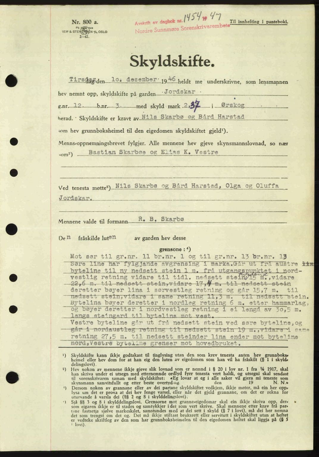 Nordre Sunnmøre sorenskriveri, AV/SAT-A-0006/1/2/2C/2Ca: Mortgage book no. A25, 1947-1947, Diary no: : 1454/1947