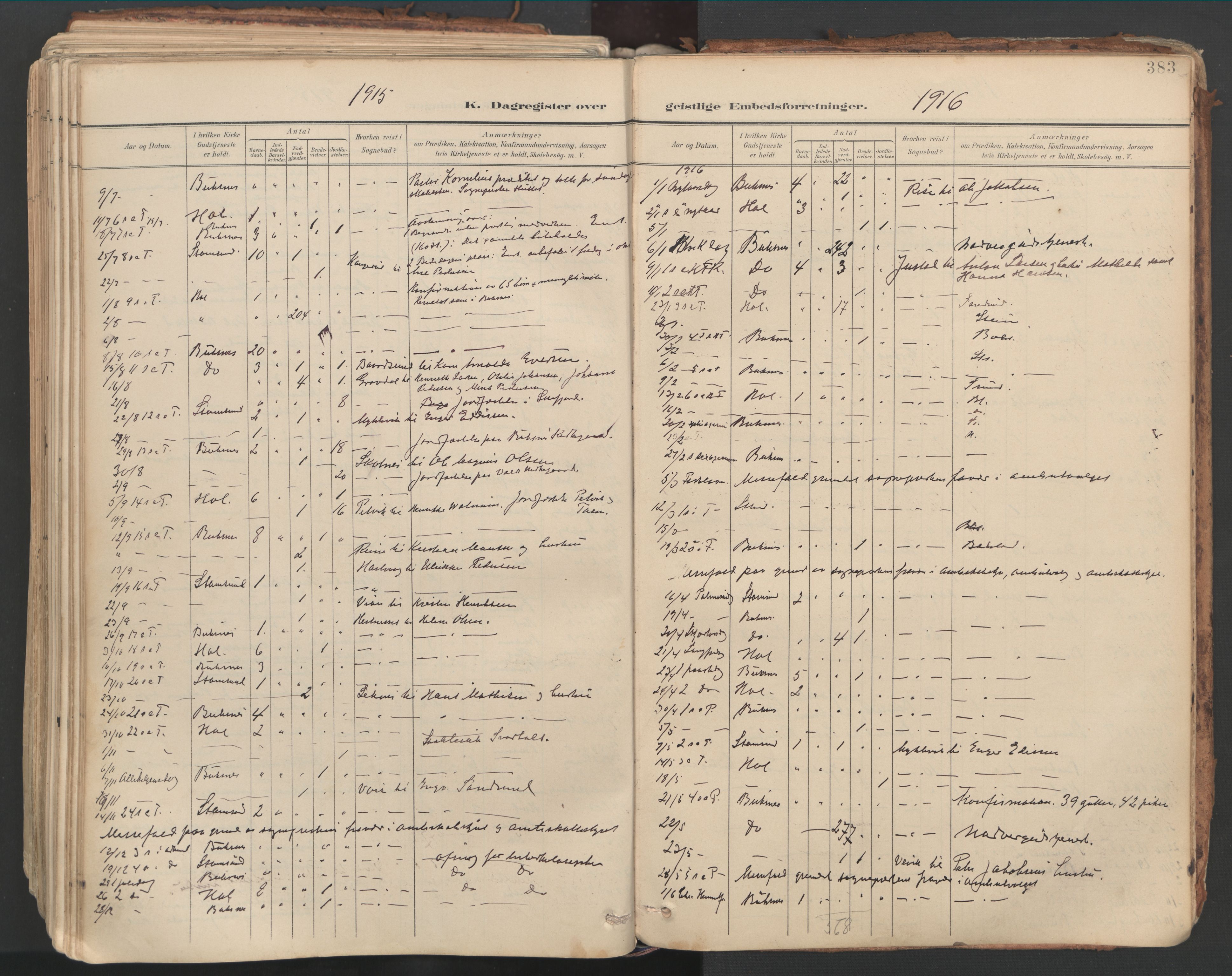 Ministerialprotokoller, klokkerbøker og fødselsregistre - Nordland, SAT/A-1459/881/L1154: Parish register (official) no. 881A07, 1907-1918, p. 383