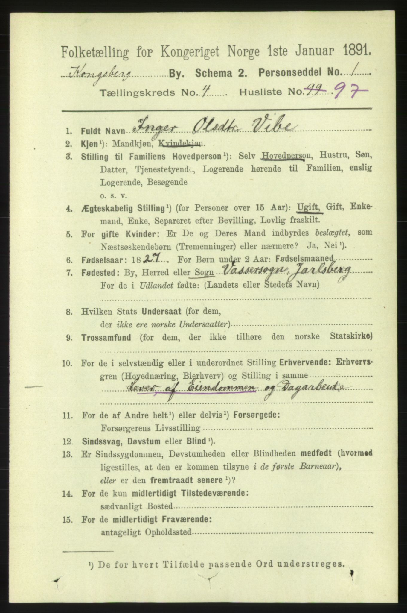 RA, 1891 census for 0604 Kongsberg, 1891, p. 4135