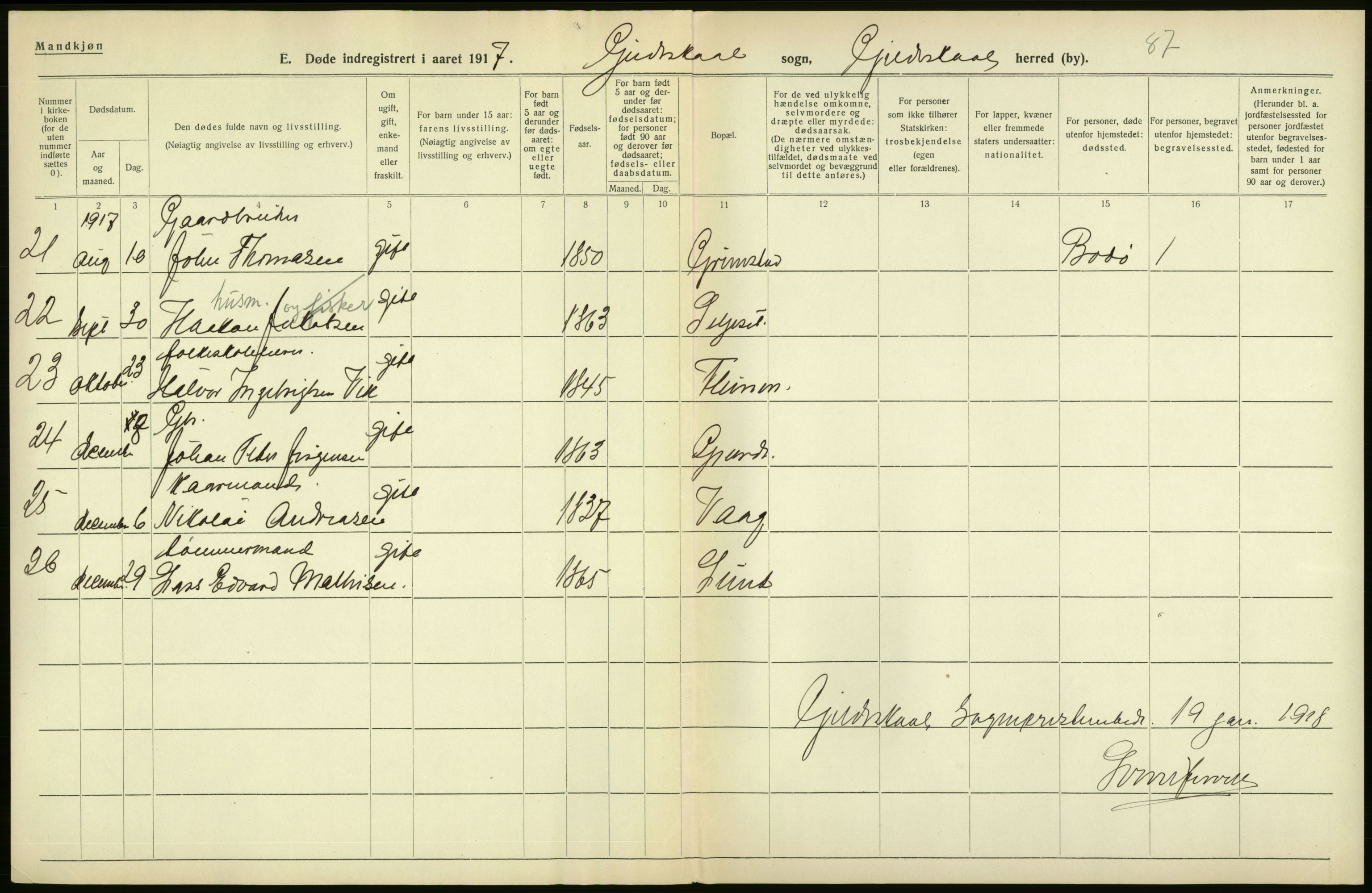 Statistisk sentralbyrå, Sosiodemografiske emner, Befolkning, AV/RA-S-2228/D/Df/Dfb/Dfbg/L0052: Nordlands amt: Døde. Bygder og byer., 1917, p. 2