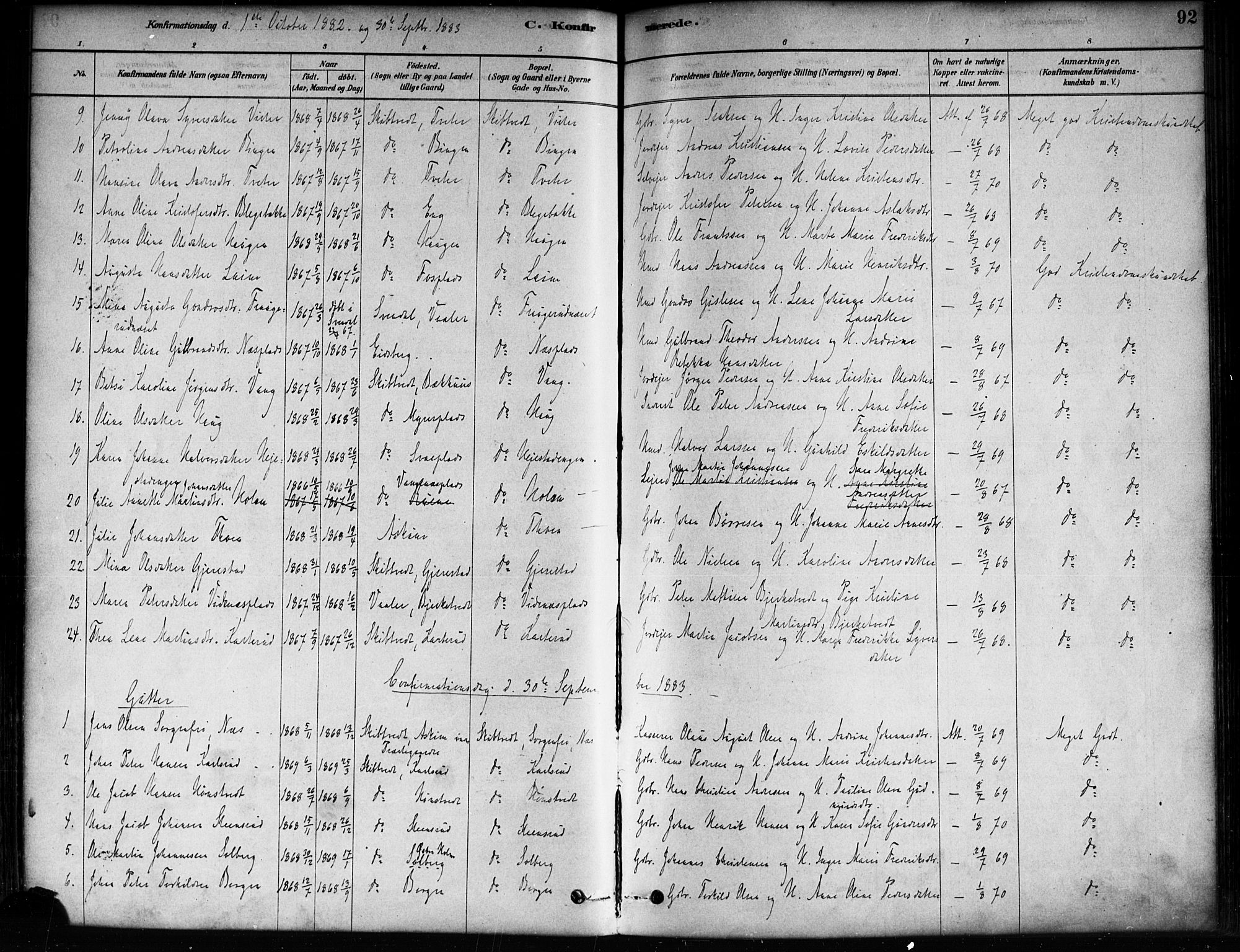 Skiptvet prestekontor Kirkebøker, AV/SAO-A-20009/F/Fa/L0009: Parish register (official) no. 9, 1878-1900, p. 92