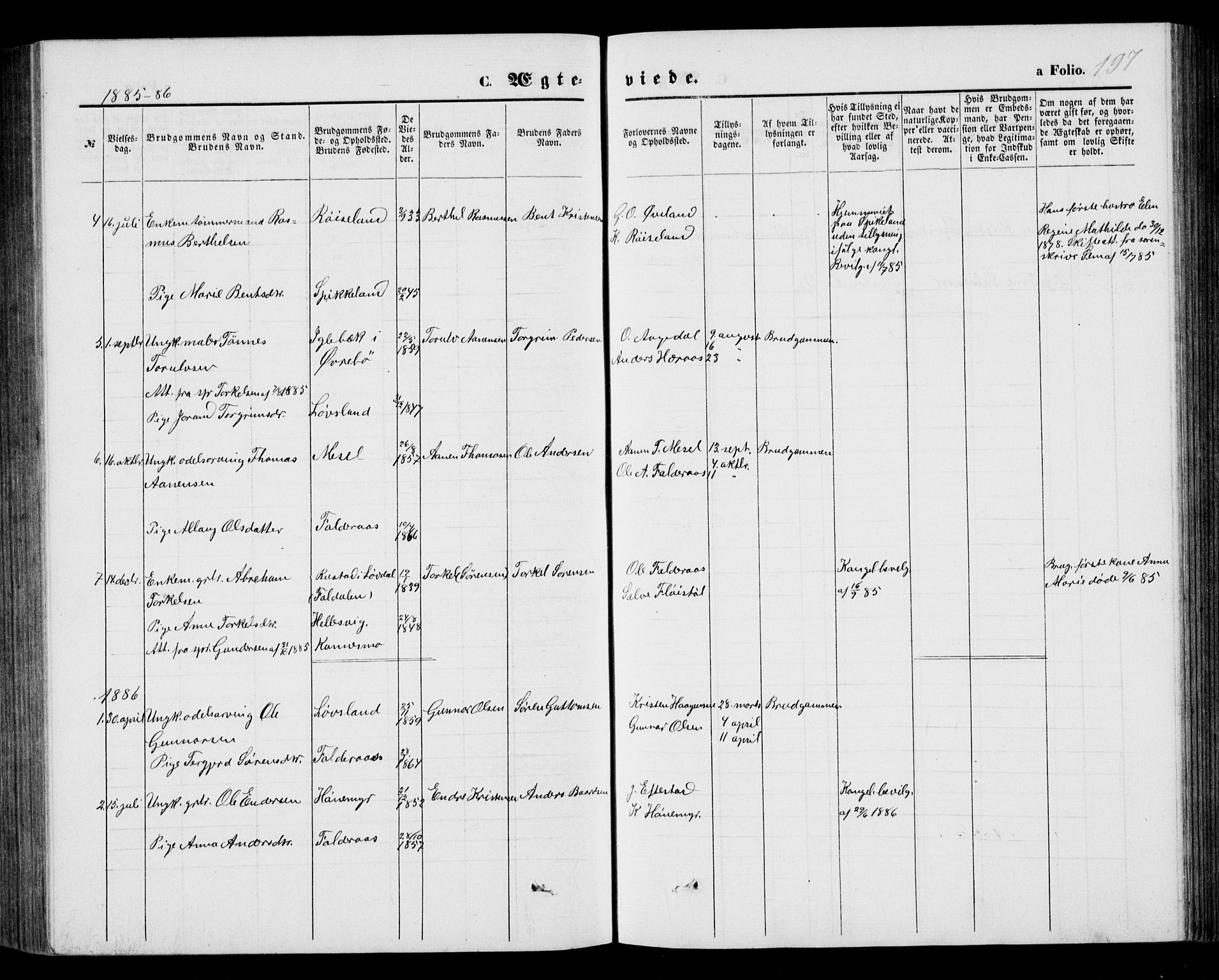 Bjelland sokneprestkontor, AV/SAK-1111-0005/F/Fb/Fbb/L0004: Parish register (copy) no. B 4, 1867-1887, p. 197