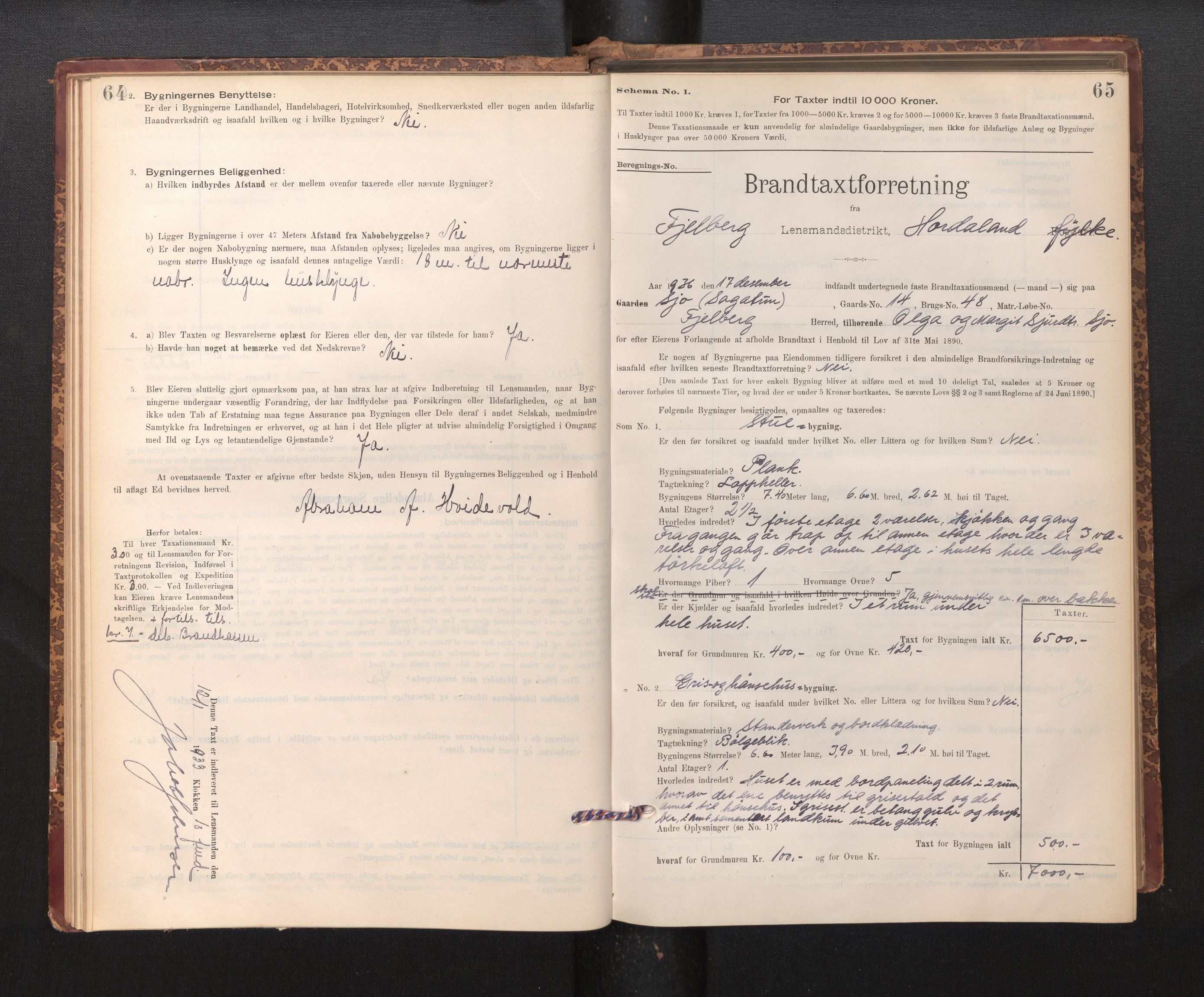 Lensmannen i Fjelberg, SAB/A-32101/0012/L0007: Branntakstprotokoll, skjematakst, 1895-1949, p. 64-65
