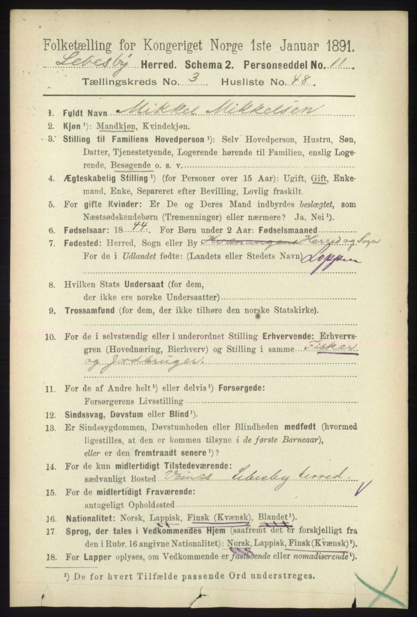 RA, 1891 census for 2022 Lebesby, 1891, p. 1034