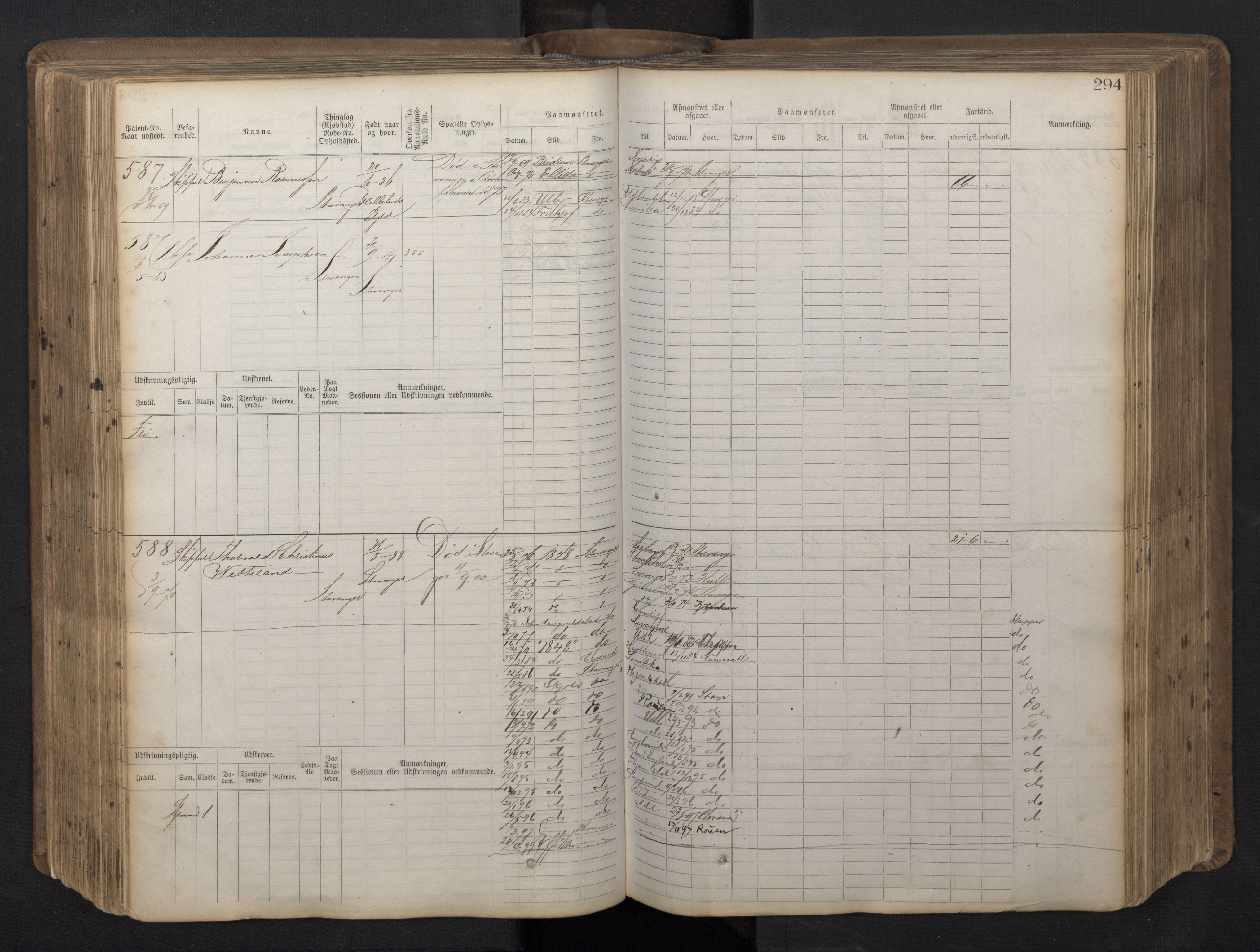 Stavanger sjømannskontor, AV/SAST-A-102006/F/Fb/Fbb/L0016: Sjøfartshovedrulle patnentnr. 1-1202 (dublett), 1869, p. 294