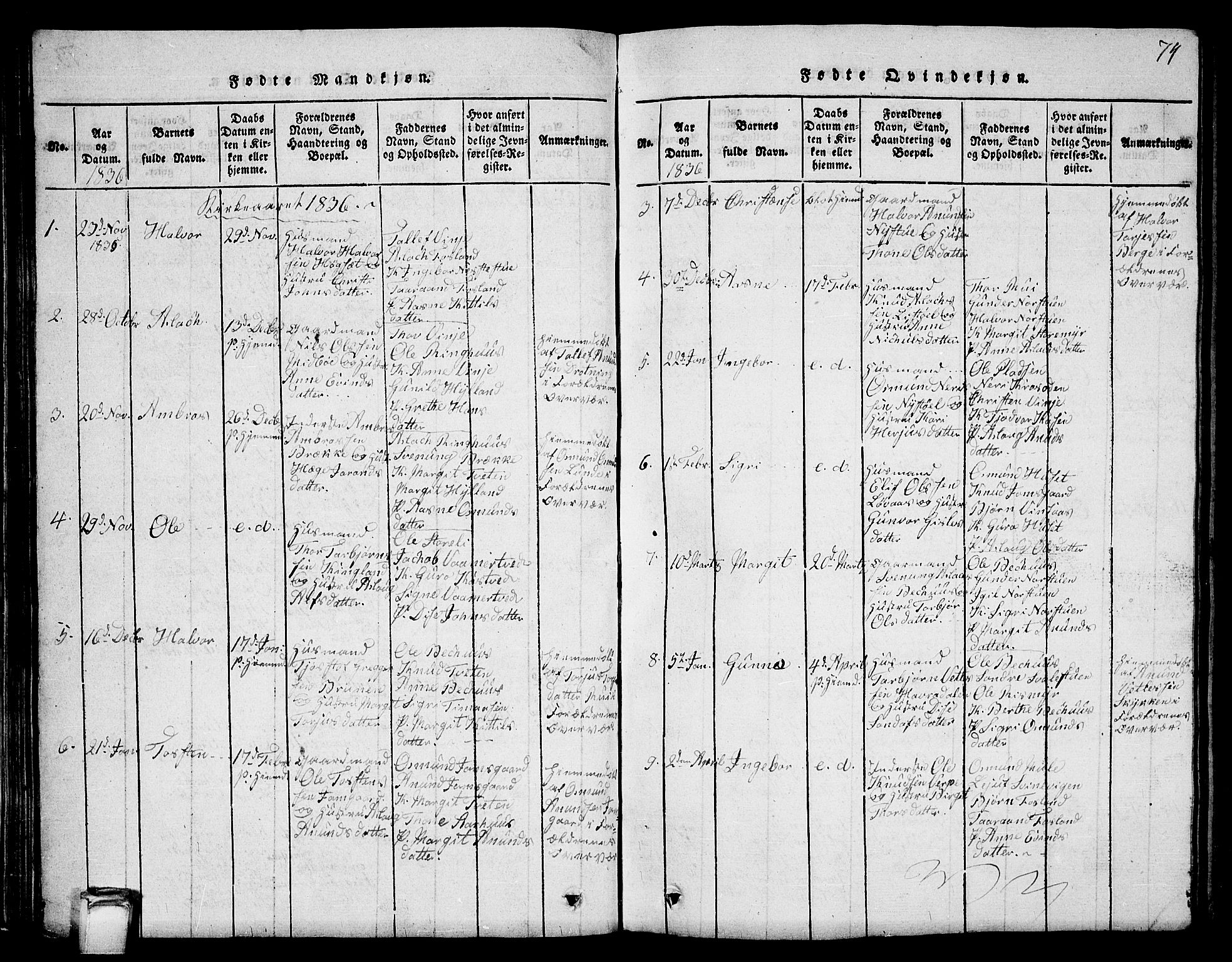 Vinje kirkebøker, SAKO/A-312/G/Ga/L0001: Parish register (copy) no. I 1, 1814-1843, p. 74