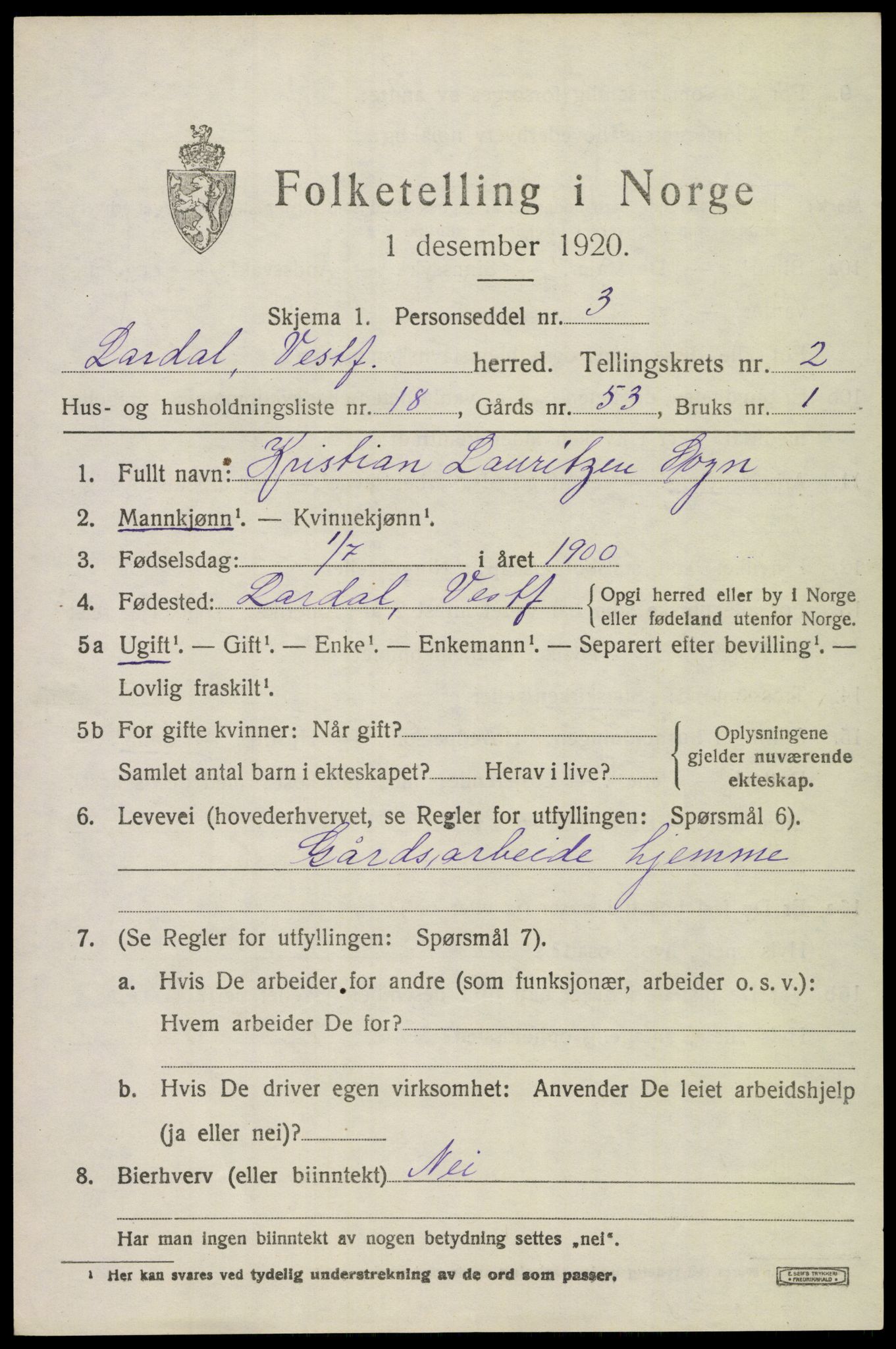 SAKO, 1920 census for Lardal, 1920, p. 2177