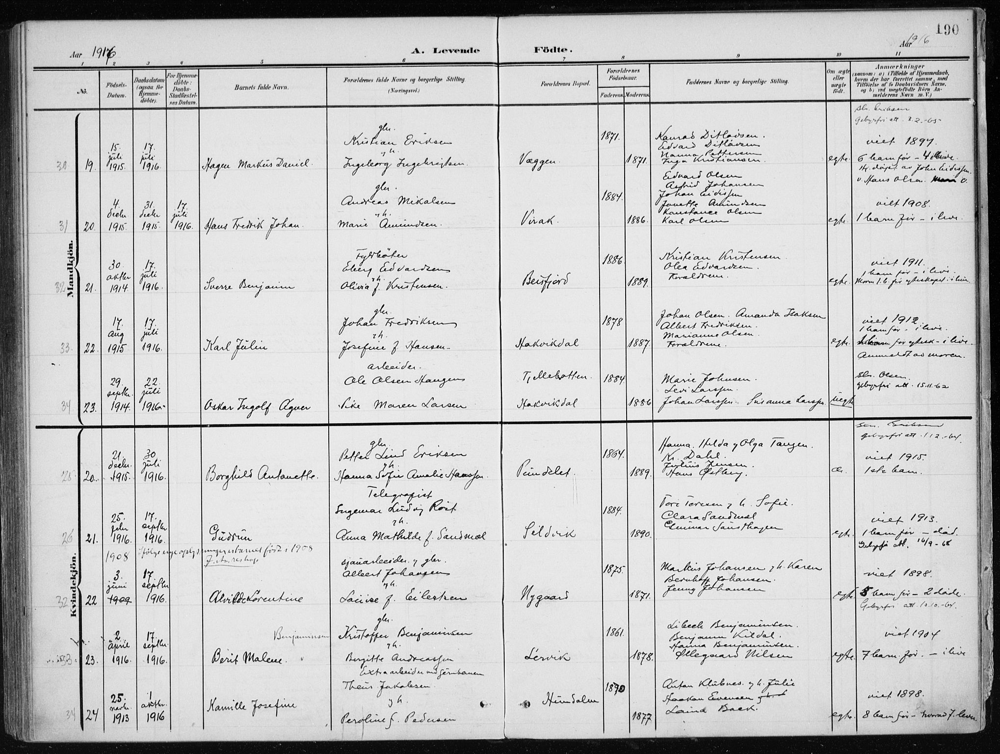 Ministerialprotokoller, klokkerbøker og fødselsregistre - Nordland, AV/SAT-A-1459/866/L0941: Parish register (official) no. 866A04, 1901-1917, p. 190