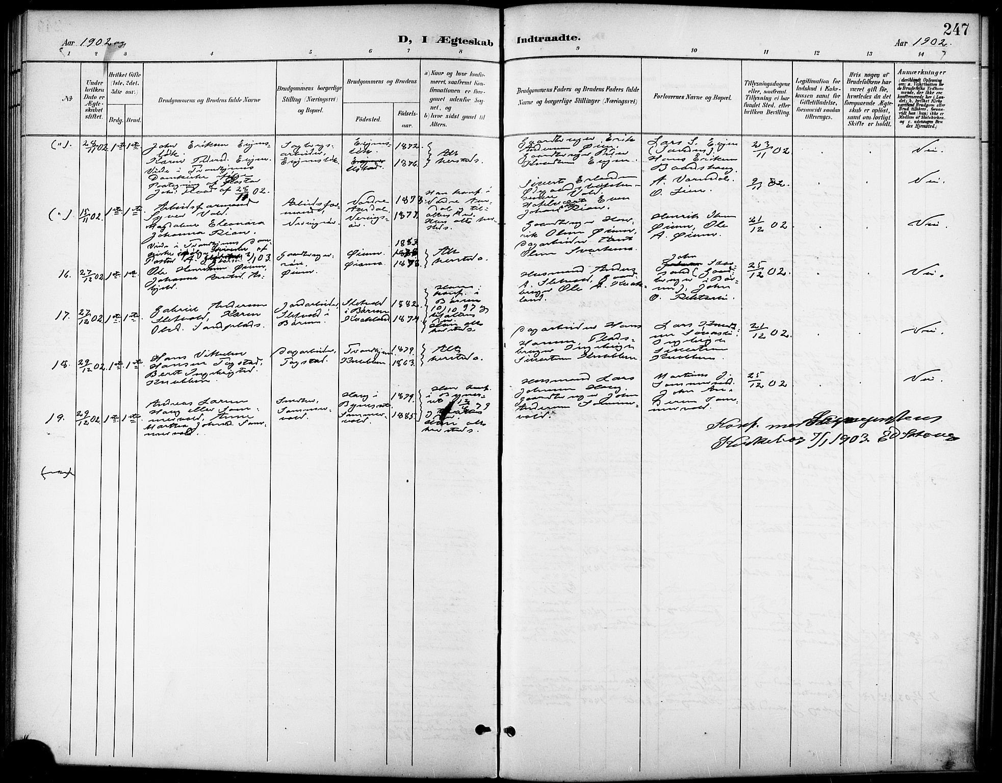 Ministerialprotokoller, klokkerbøker og fødselsregistre - Sør-Trøndelag, SAT/A-1456/668/L0819: Parish register (copy) no. 668C08, 1899-1912, p. 247