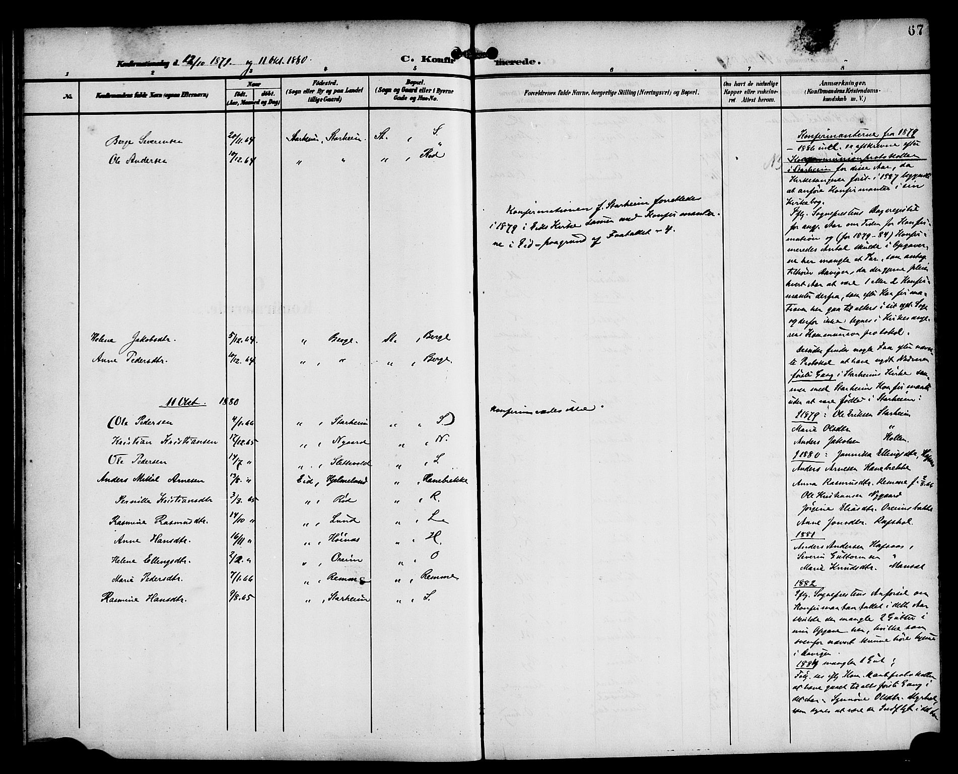 Eid sokneprestembete, AV/SAB-A-82301/H/Haa/Haac/L0001: Parish register (official) no. C 1, 1879-1899, p. 67