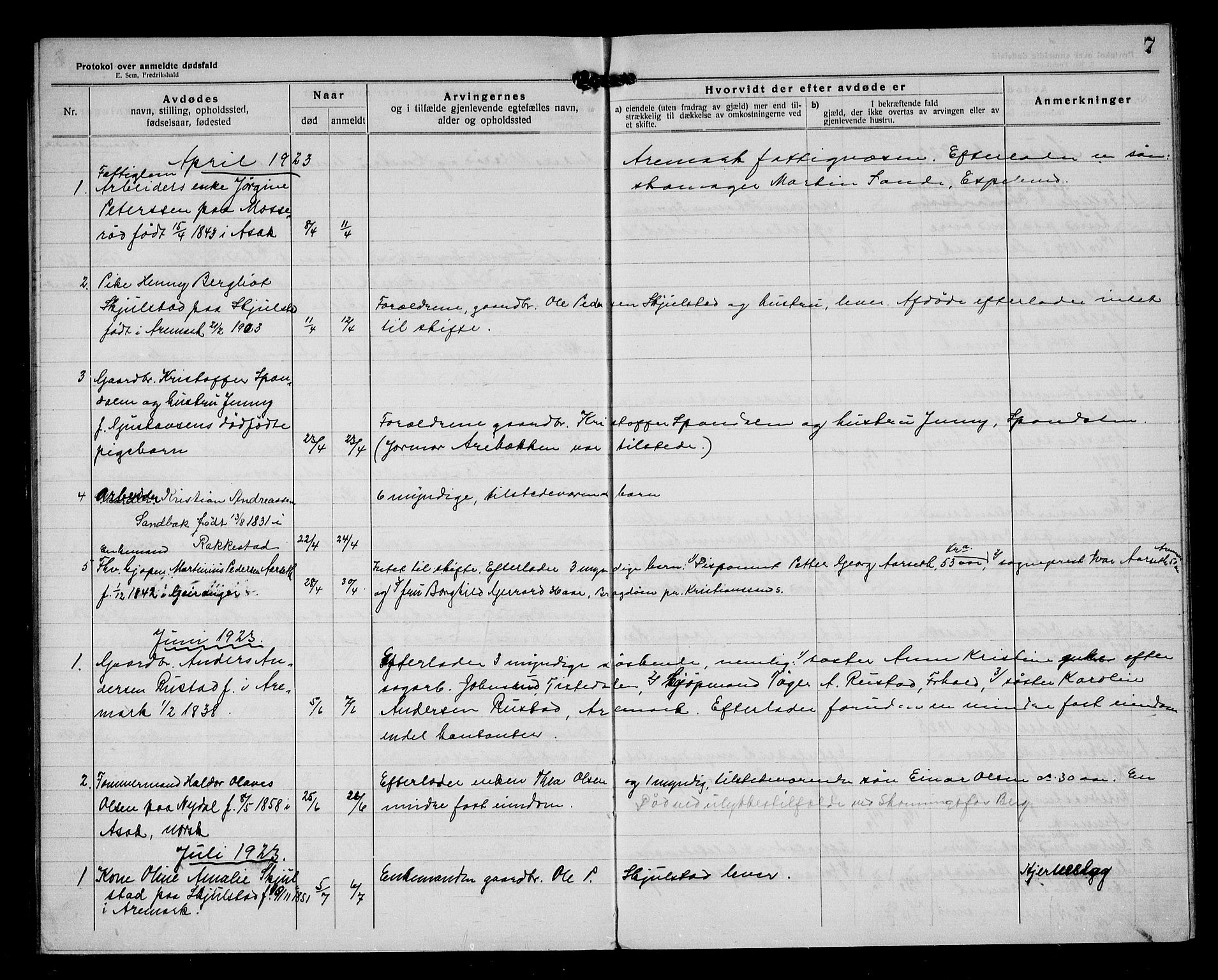 Aremark lensmannskontor, SAO/A-10631/H/Ha/L0004: Dødsfallsprotokoll, 1922-1933, p. 7