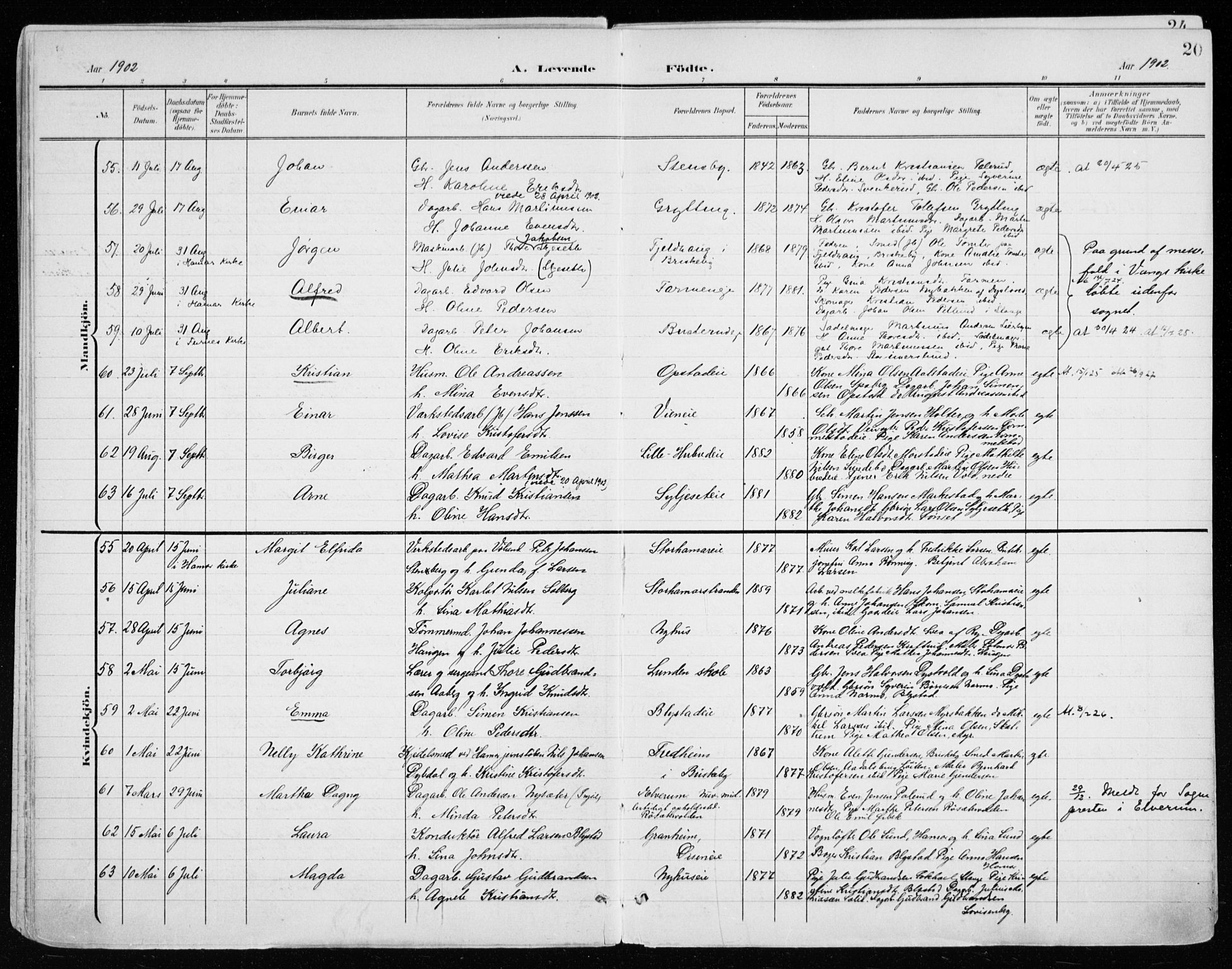 Vang prestekontor, Hedmark, AV/SAH-PREST-008/H/Ha/Haa/L0021: Parish register (official) no. 21, 1902-1917, p. 20