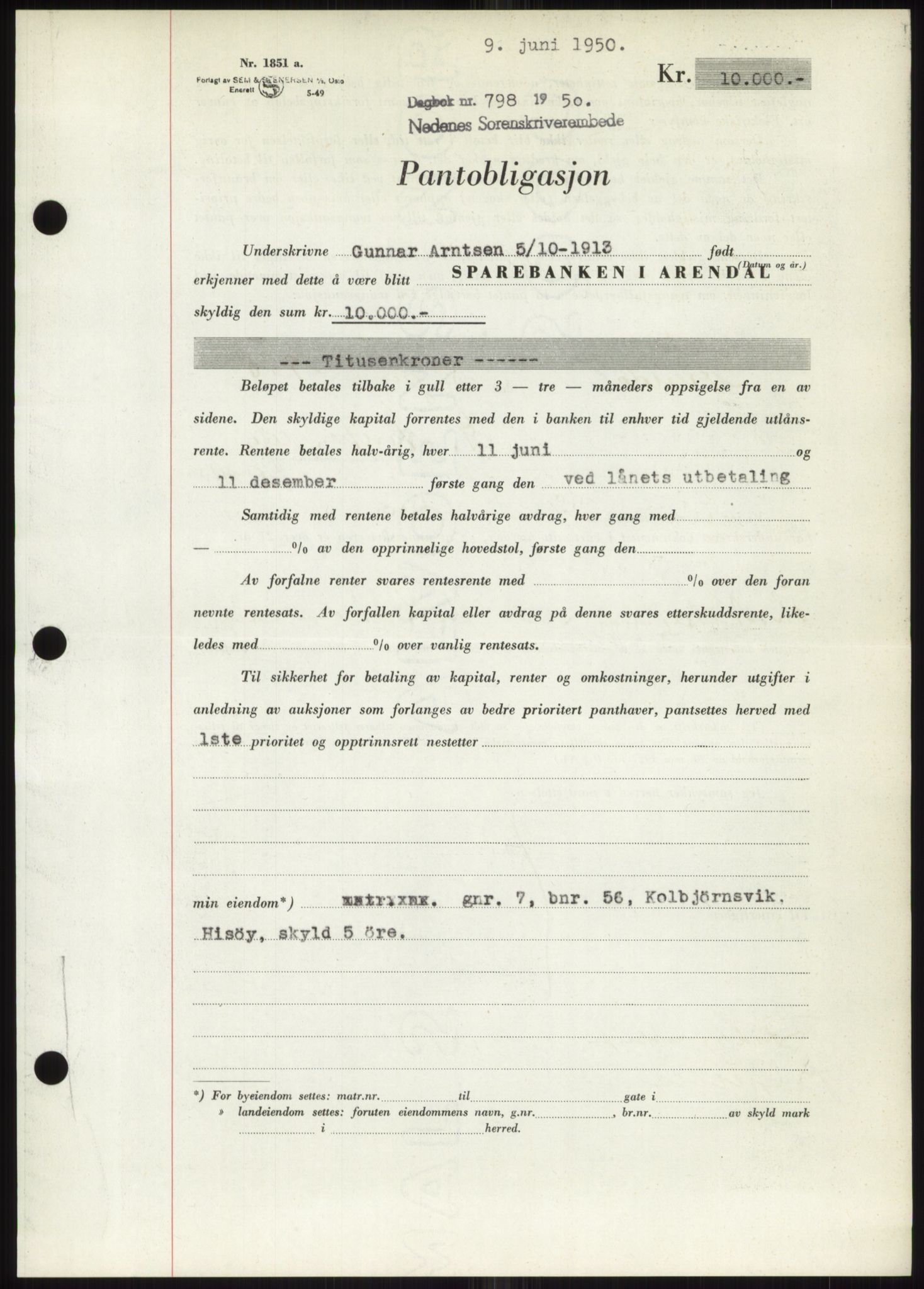 Nedenes sorenskriveri, AV/SAK-1221-0006/G/Gb/Gbb/L0007: Mortgage book no. B7, 1949-1950, Diary no: : 798/1950