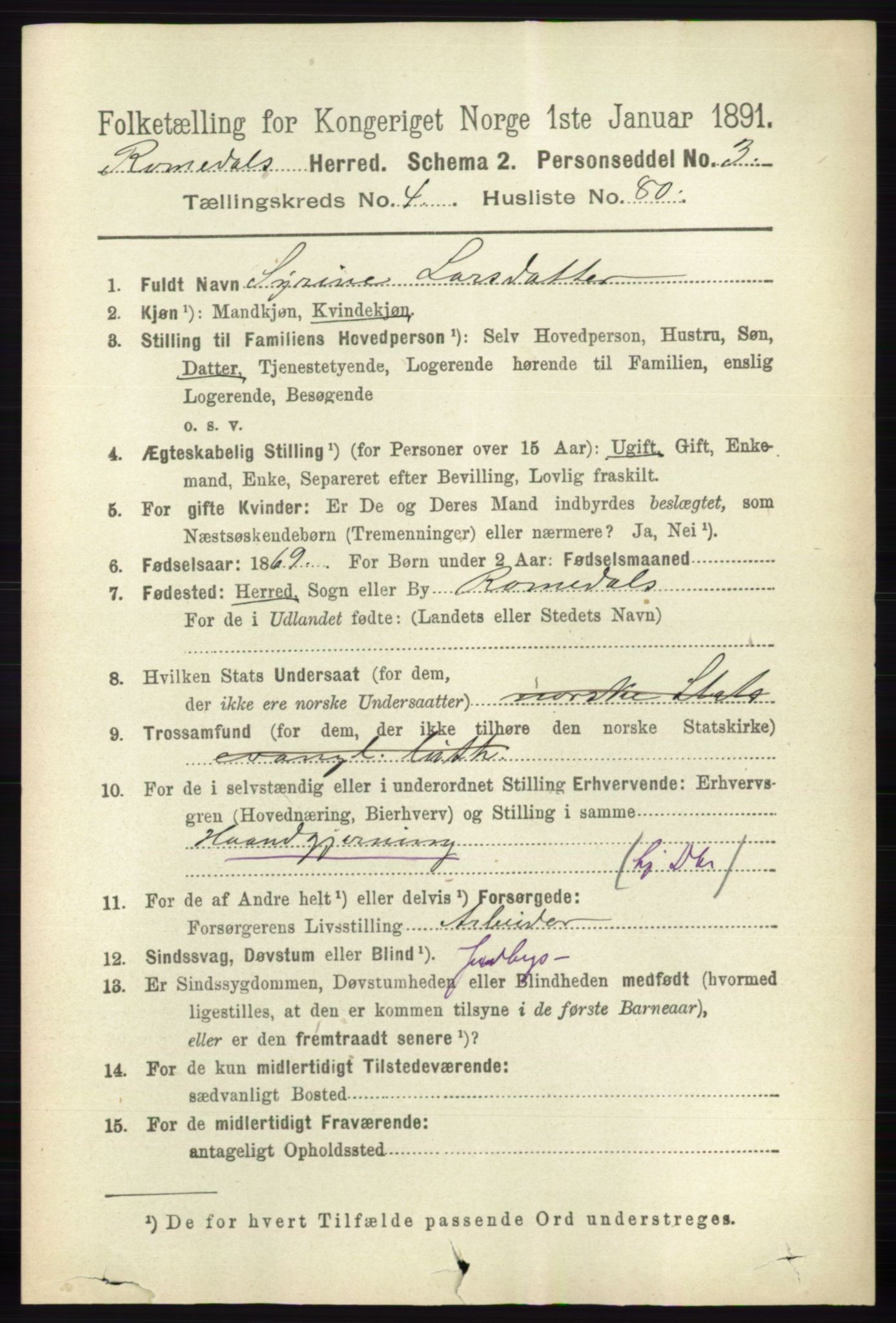 RA, 1891 census for 0416 Romedal, 1891, p. 2384