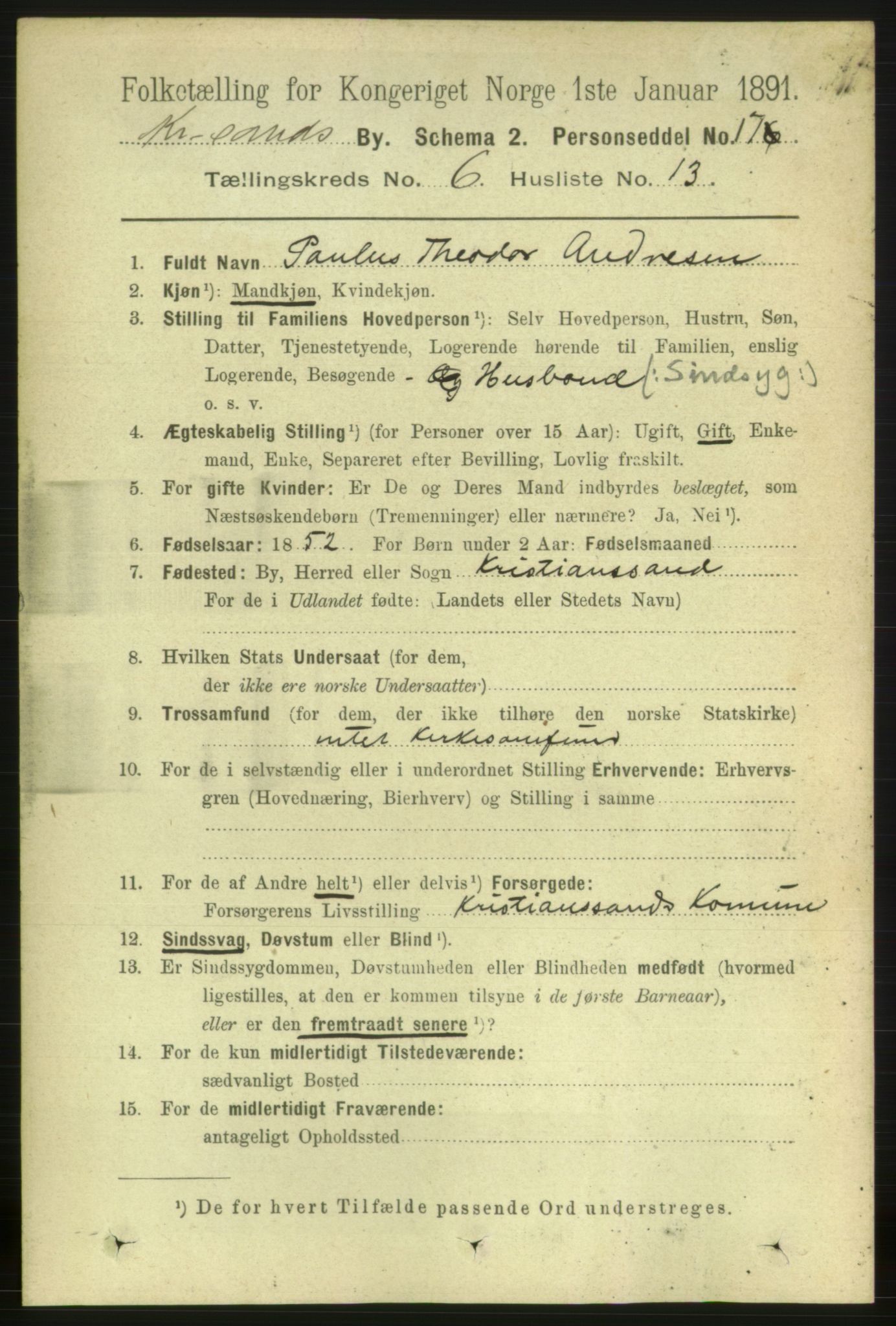 RA, 1891 census for 1001 Kristiansand, 1891, p. 4599