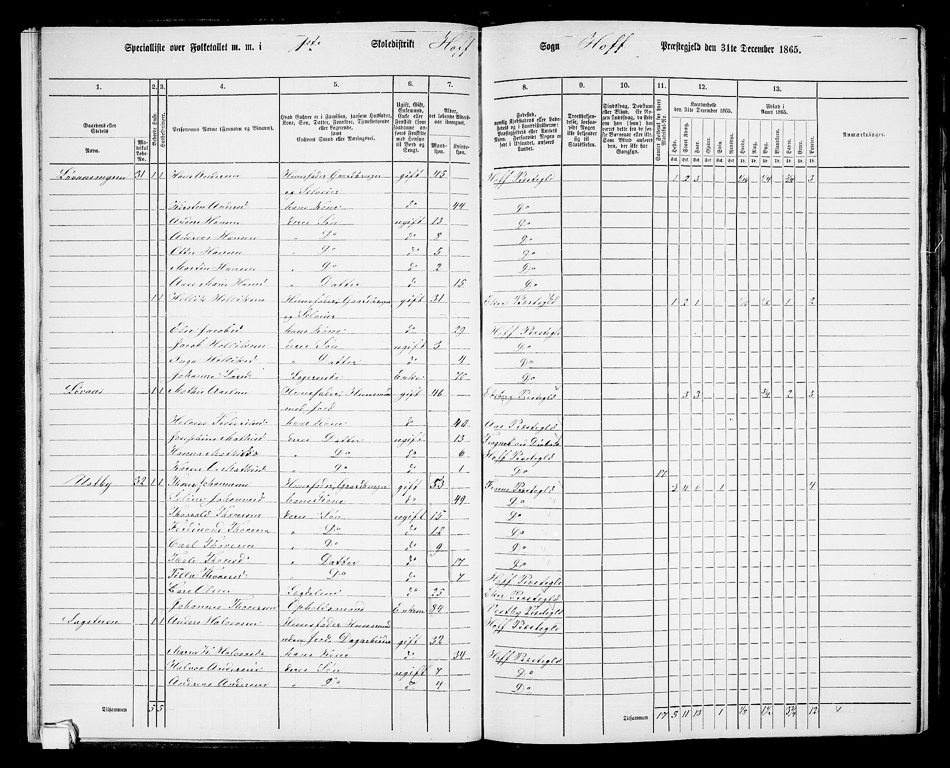 RA, 1865 census for Hof, 1865, p. 21