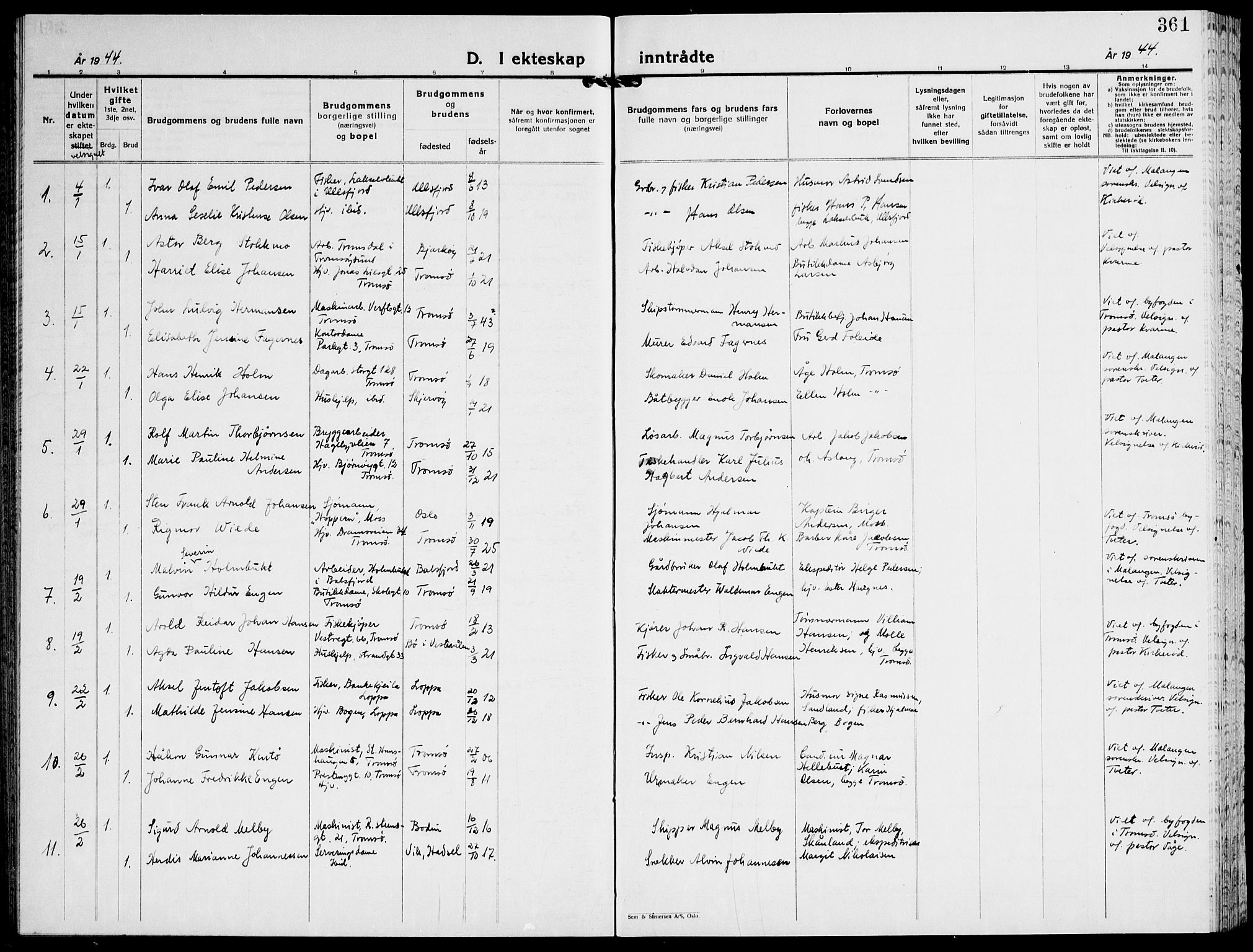 Tromsø sokneprestkontor/stiftsprosti/domprosti, AV/SATØ-S-1343/G/Gb/L0011klokker: Parish register (copy) no. 11, 1942-1944, p. 361