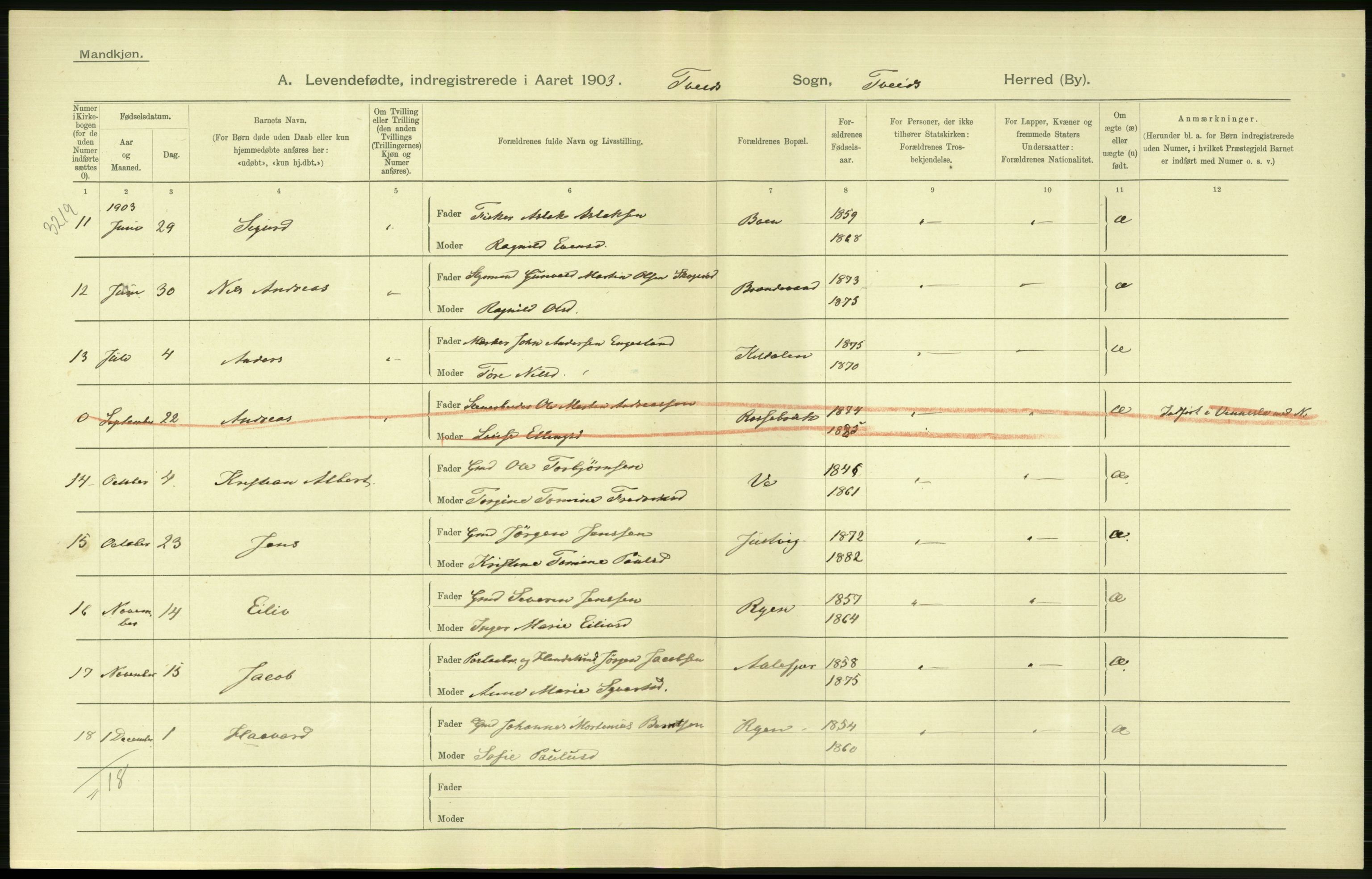 Statistisk sentralbyrå, Sosiodemografiske emner, Befolkning, AV/RA-S-2228/D/Df/Dfa/Dfaa/L0011: Lister og Mandal amt: Fødte, gifte, døde, 1903, p. 4