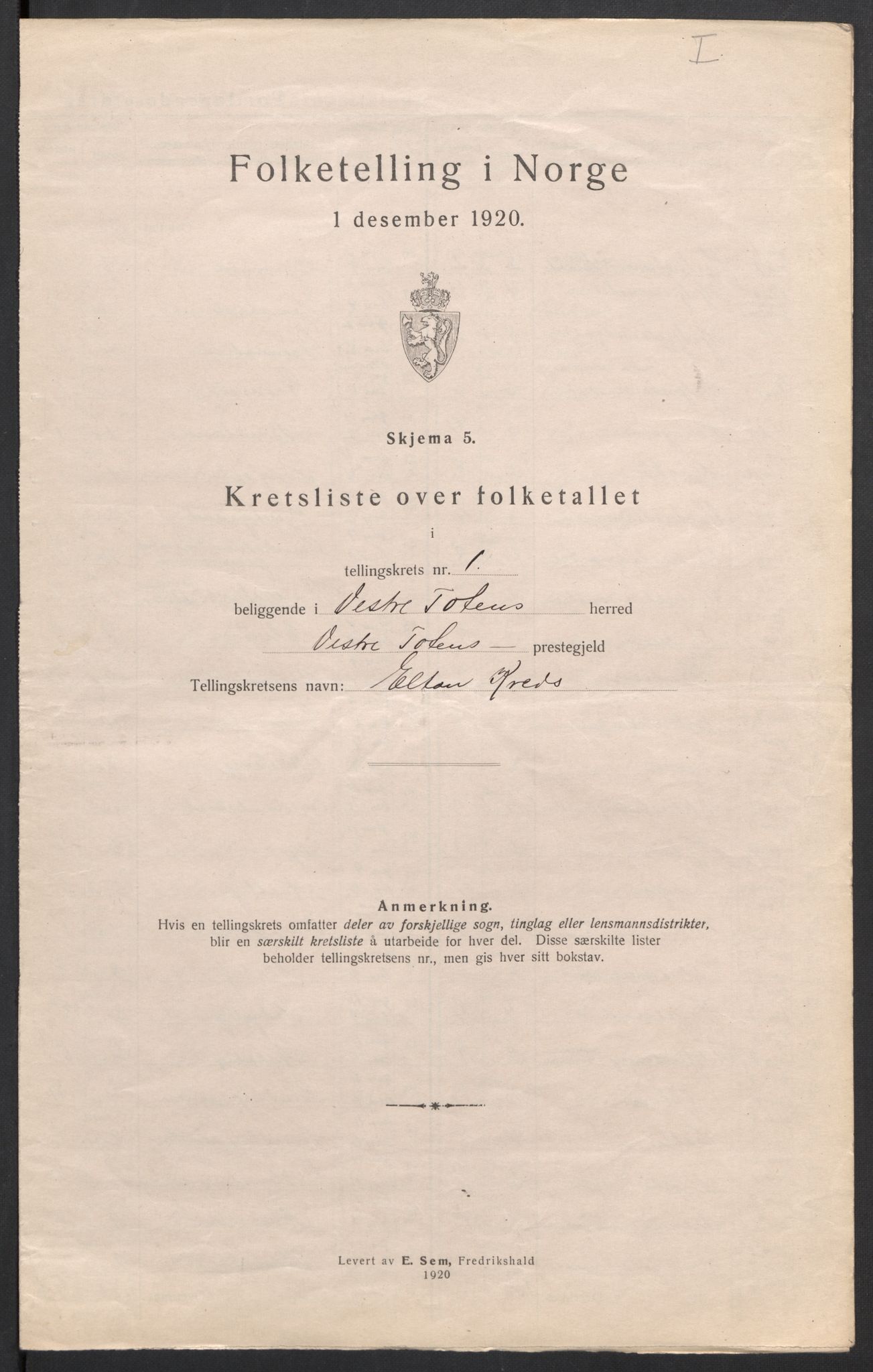 SAH, 1920 census for Vestre Toten, 1920, p. 8