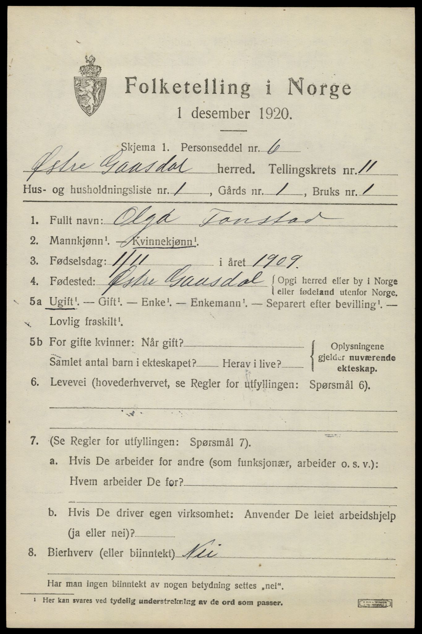 SAH, 1920 census for Østre Gausdal, 1920, p. 5838