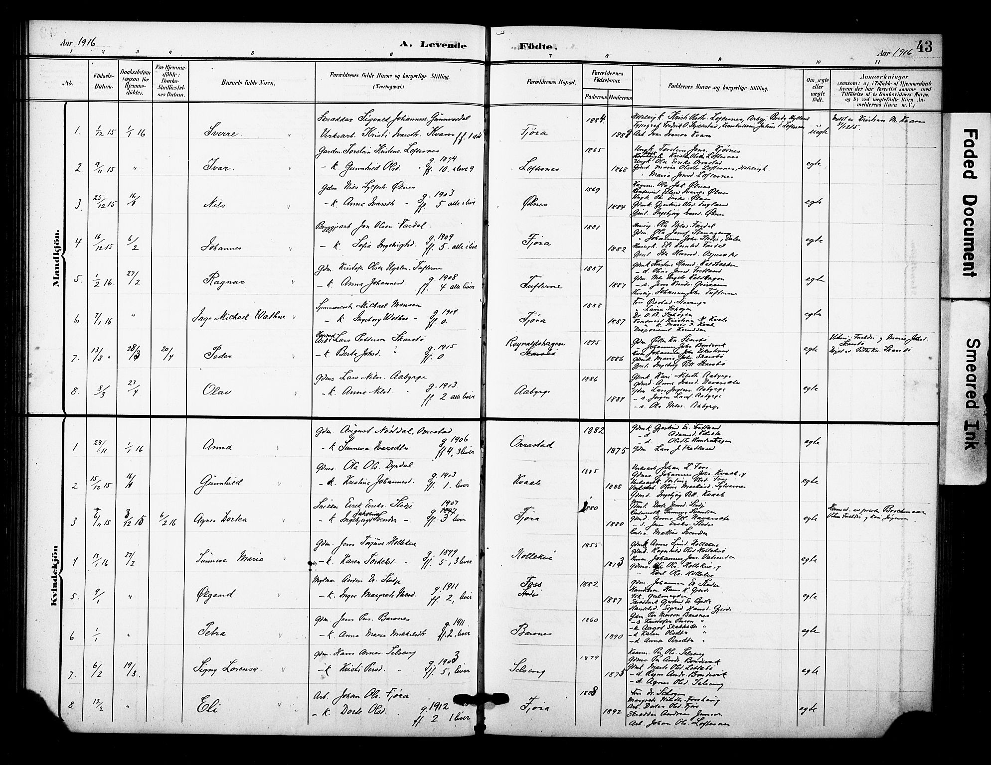 Sogndal sokneprestembete, SAB/A-81301/H/Hab/Haba/L0002: Parish register (copy) no. A 2, 1908-1924, p. 43