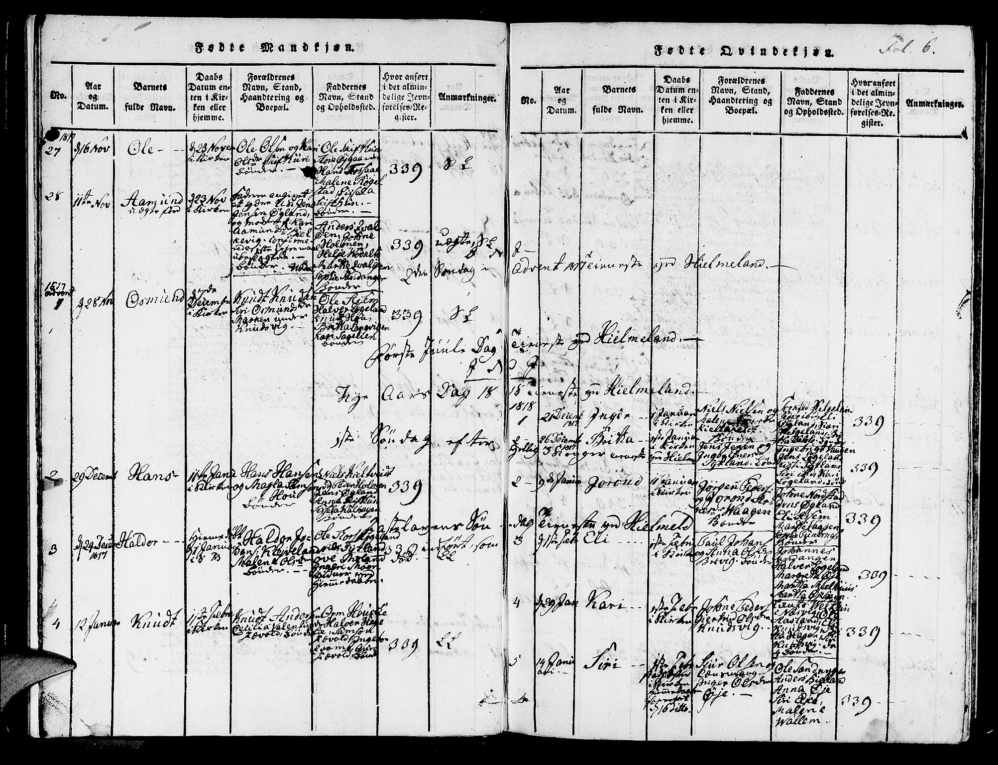 Hjelmeland sokneprestkontor, AV/SAST-A-101843/01/IV/L0003: Parish register (official) no. A 3, 1816-1834, p. 6