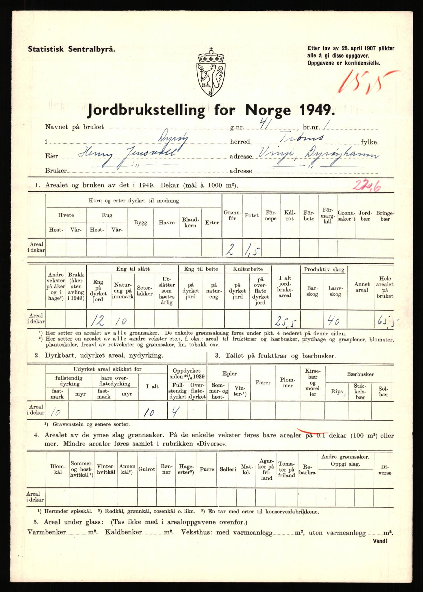 Statistisk sentralbyrå, Næringsøkonomiske emner, Jordbruk, skogbruk, jakt, fiske og fangst, AV/RA-S-2234/G/Gc/L0440: Troms: Sørreisa og Dyrøy, 1949, p. 1256