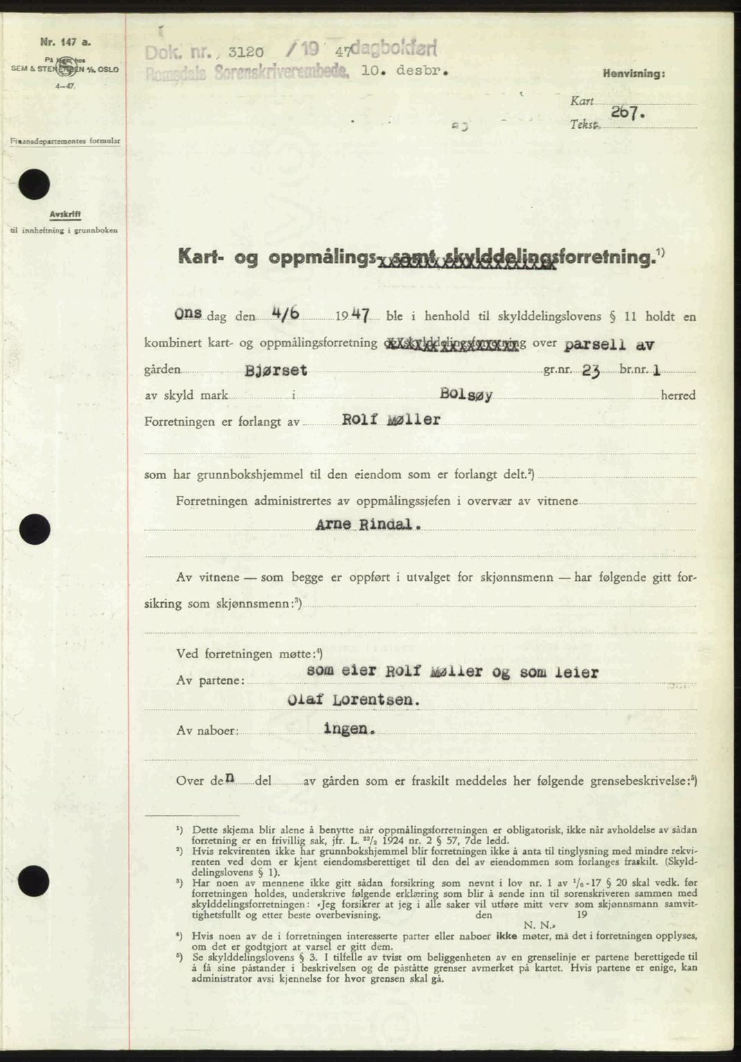 Romsdal sorenskriveri, AV/SAT-A-4149/1/2/2C: Mortgage book no. A24, 1947-1947, Diary no: : 3120/1947