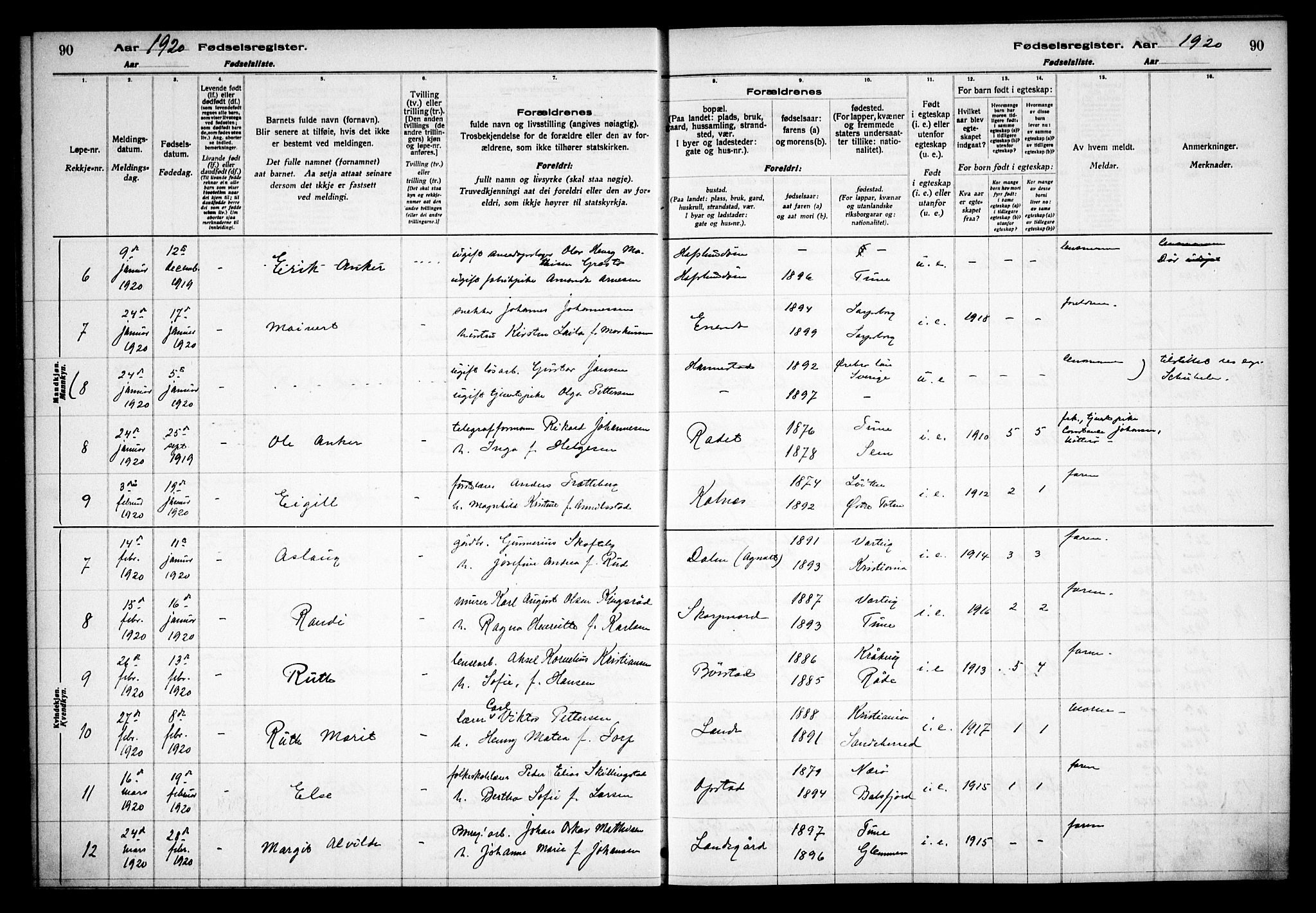 Tune prestekontor Kirkebøker, AV/SAO-A-2007/J/Ja/L0001: Birth register no. I 1, 1916-1928, p. 90