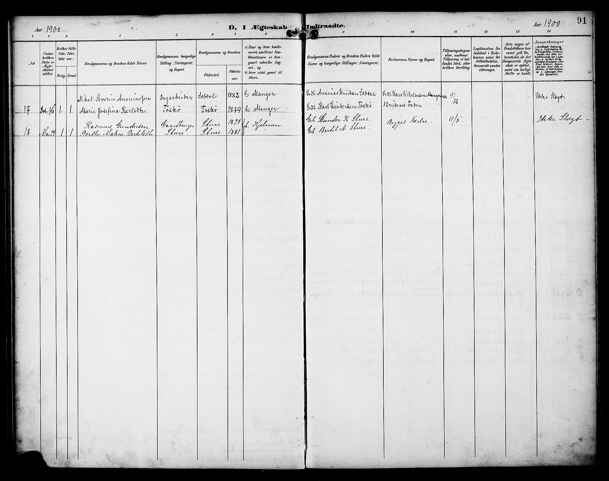 Manger sokneprestembete, SAB/A-76801/H/Haa: Parish register (official) no. B 2, 1893-1906, p. 91
