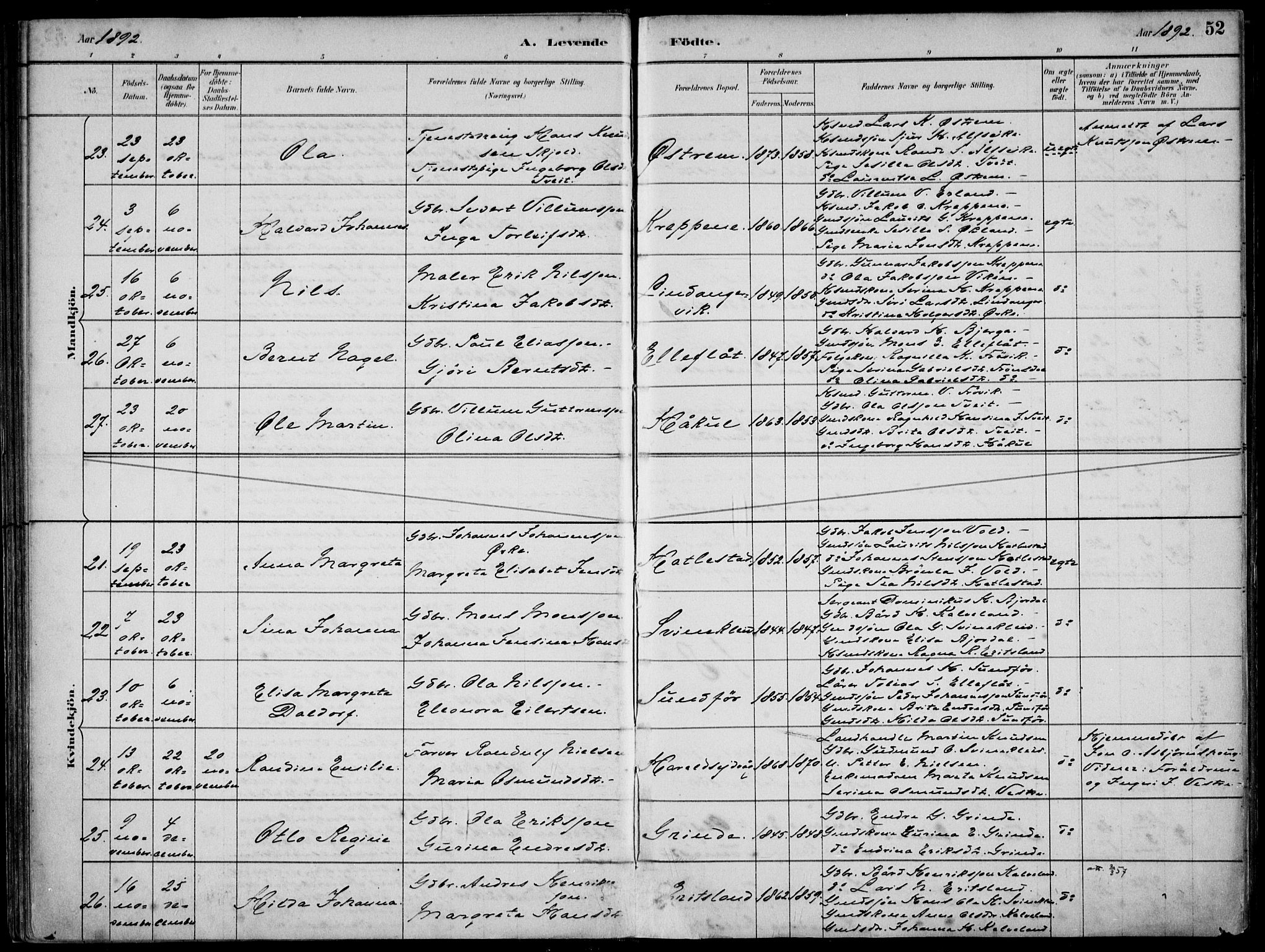 Skjold sokneprestkontor, AV/SAST-A-101847/H/Ha/Haa/L0010: Parish register (official) no. A 10, 1882-1897, p. 52