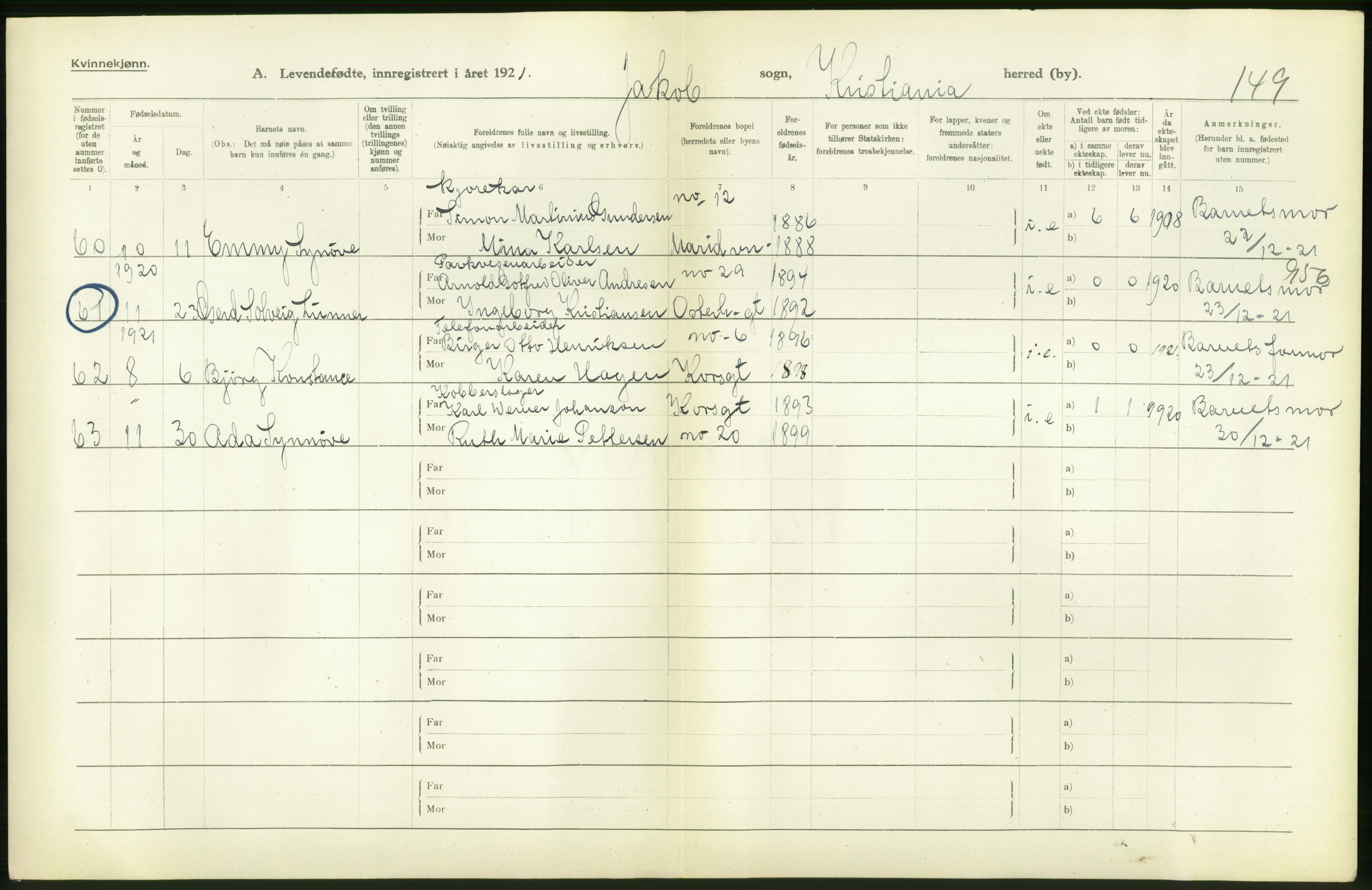 Statistisk sentralbyrå, Sosiodemografiske emner, Befolkning, RA/S-2228/D/Df/Dfc/Dfca/L0010: Kristiania: Levendefødte menn og kvinner., 1921, p. 438