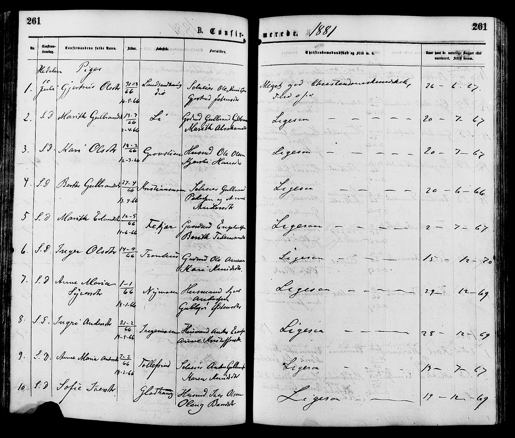 Sør-Aurdal prestekontor, AV/SAH-PREST-128/H/Ha/Haa/L0008: Parish register (official) no. 8, 1877-1885, p. 261