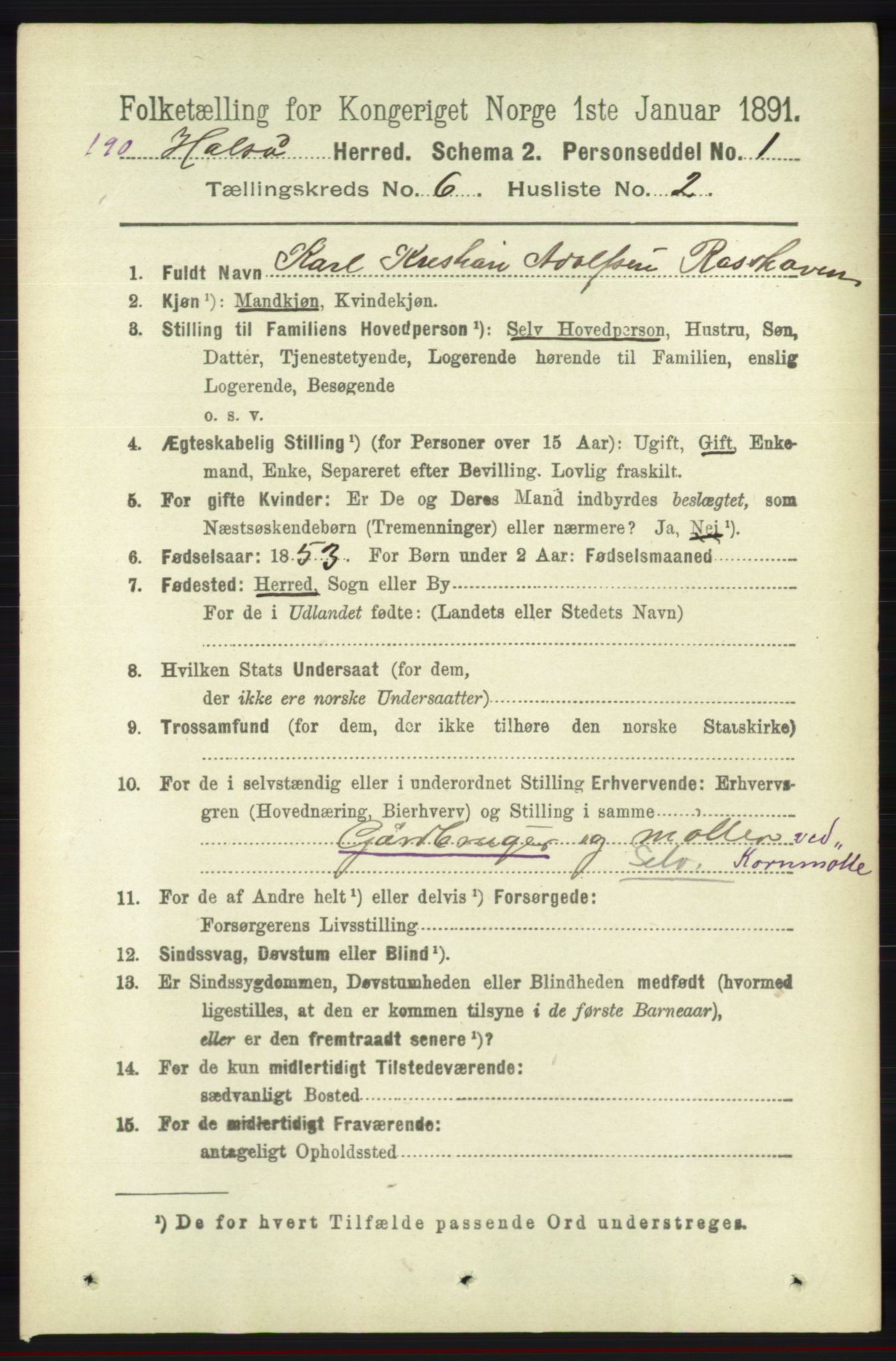 RA, 1891 census for 1019 Halse og Harkmark, 1891, p. 2374