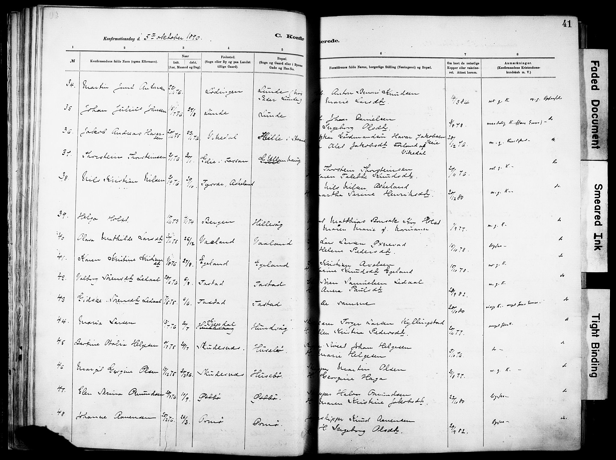 Hetland sokneprestkontor, SAST/A-101826/30/30BA/L0012: Parish register (official) no. A 12, 1882-1912, p. 41