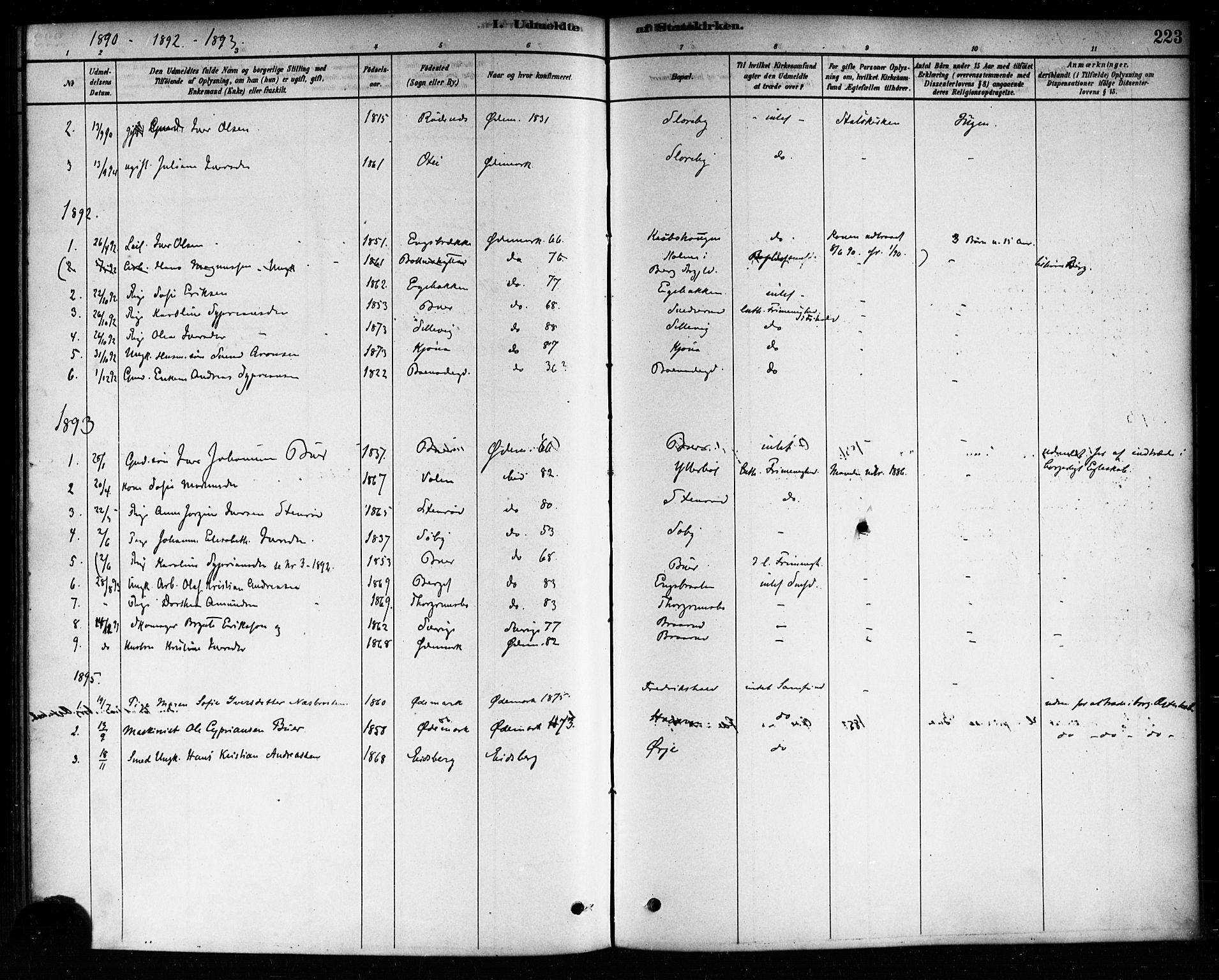 Aremark prestekontor Kirkebøker, AV/SAO-A-10899/F/Fb/L0004: Parish register (official) no. II 4, 1878-1895, p. 223