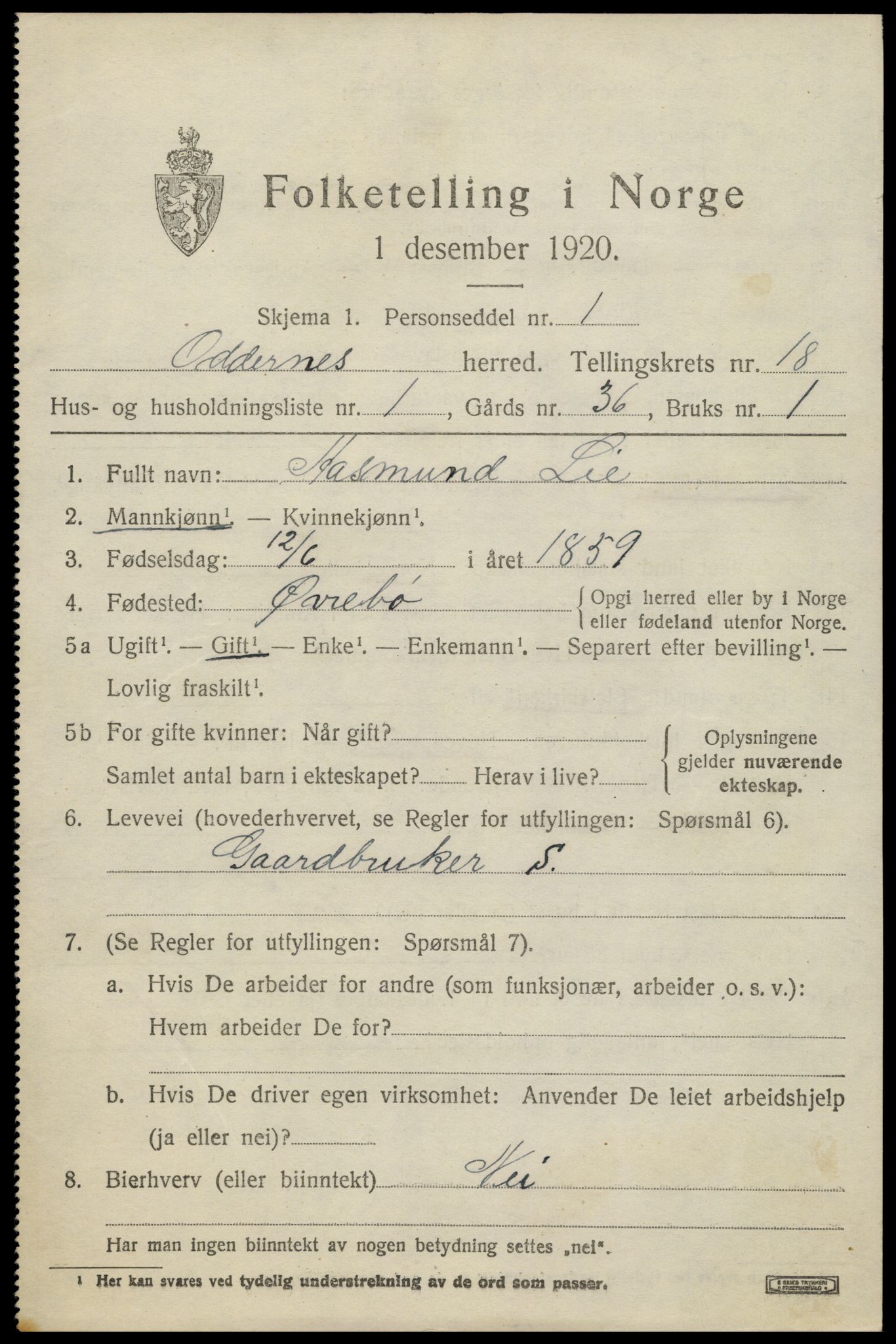 SAK, 1920 census for Oddernes, 1920, p. 13365