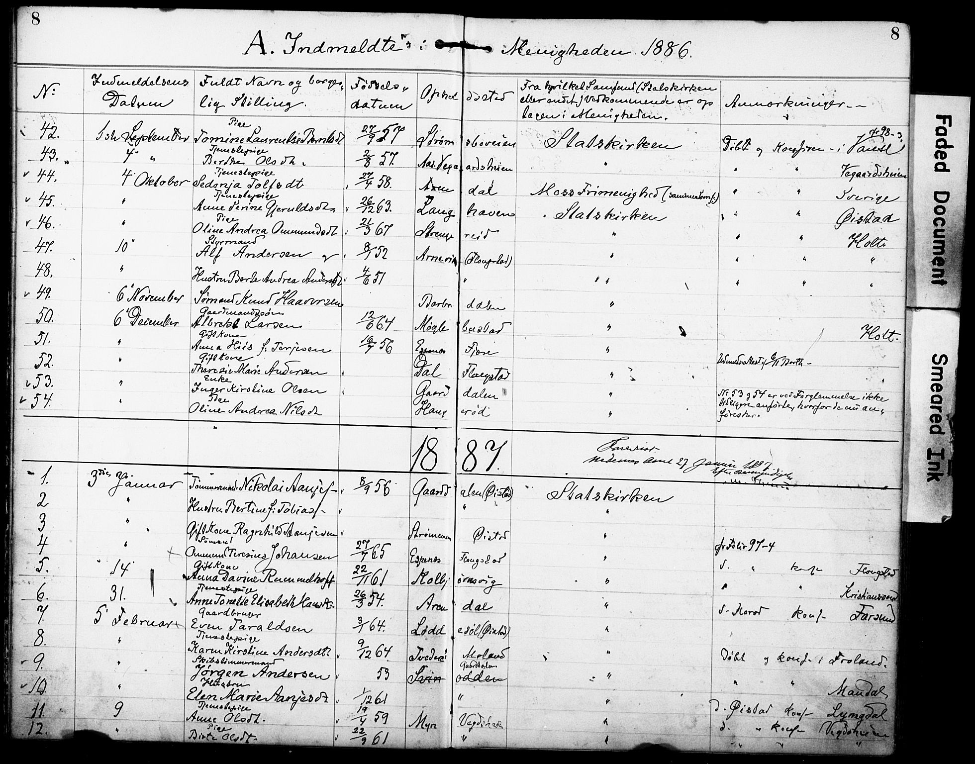 Den evangelisk-lutherske frimenighet, Arendal, AV/SAK-1292-0005/F/Fa/L0002: Dissenter register no. F 6, 1884-1908, p. 8